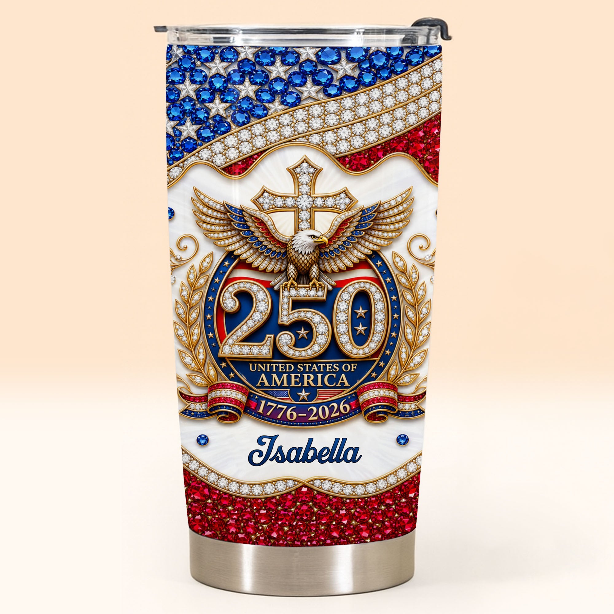 Personalized 20oz Stainless Steel Tumbler with Eagle Cross Design - Custom Gift for Family & Independence Day 20oz Tumbler GradoCreations