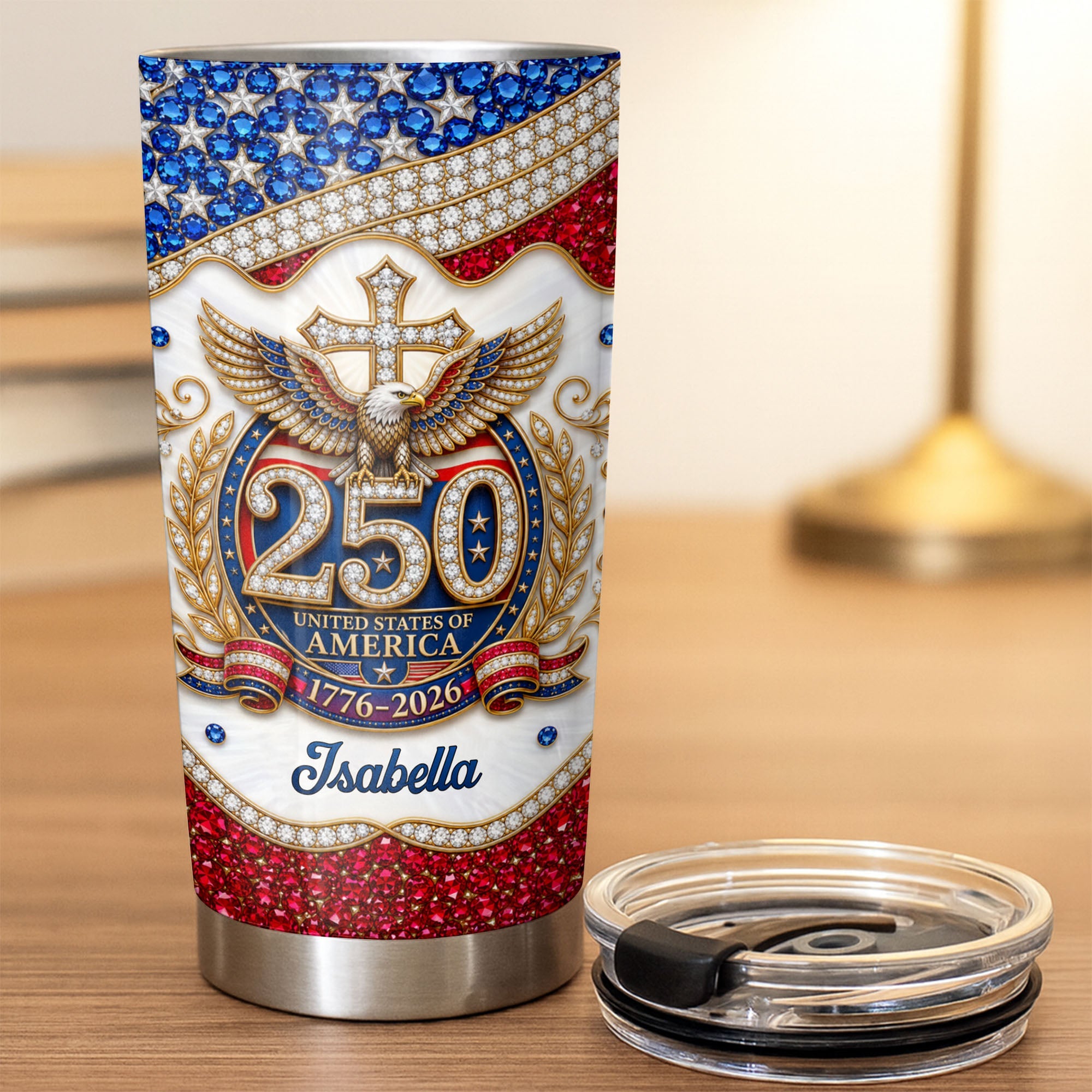 Personalized 20oz Stainless Steel Tumbler with Eagle Cross Design - Custom Gift for Family & Independence Day 20oz Tumbler GradoCreations