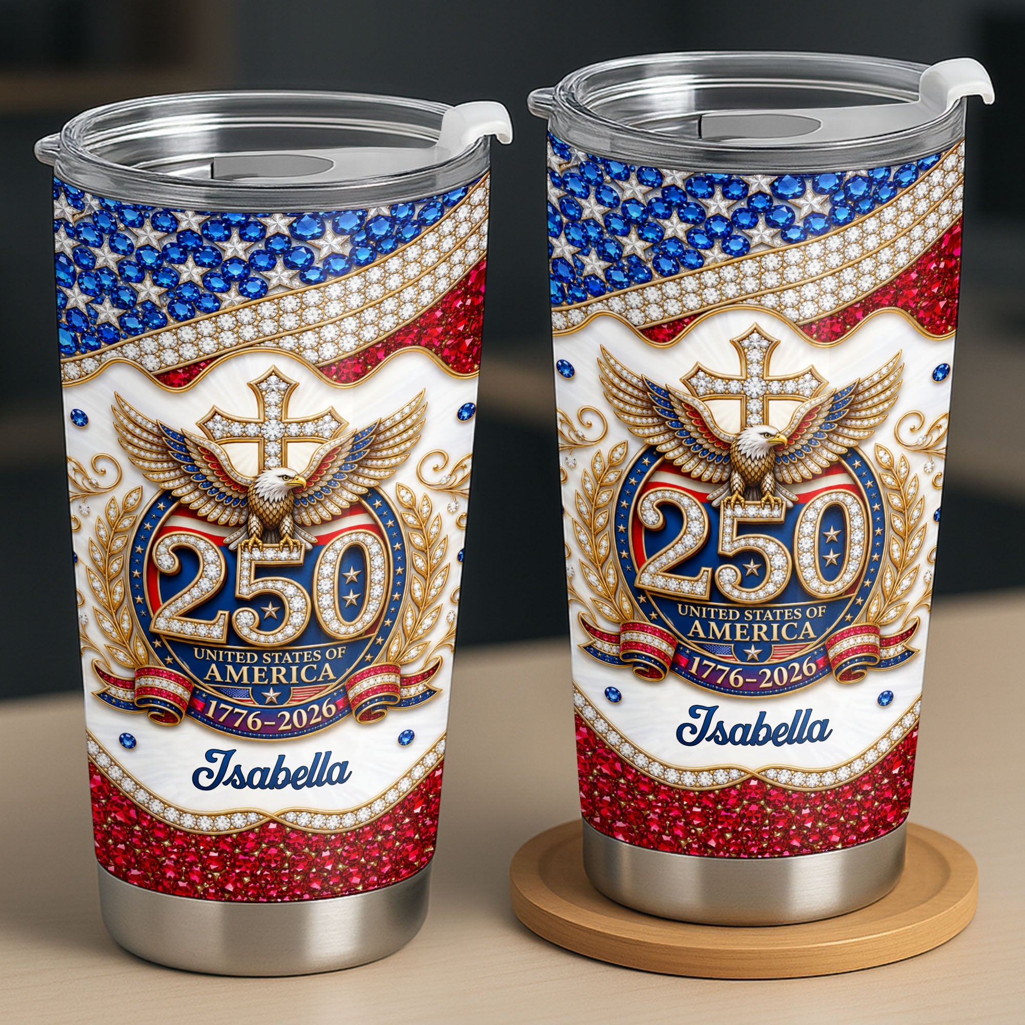 Personalized 20oz Stainless Steel Tumbler with Eagle Cross Design - Custom Gift for Family & Independence Day 20oz Tumbler GradoCreations