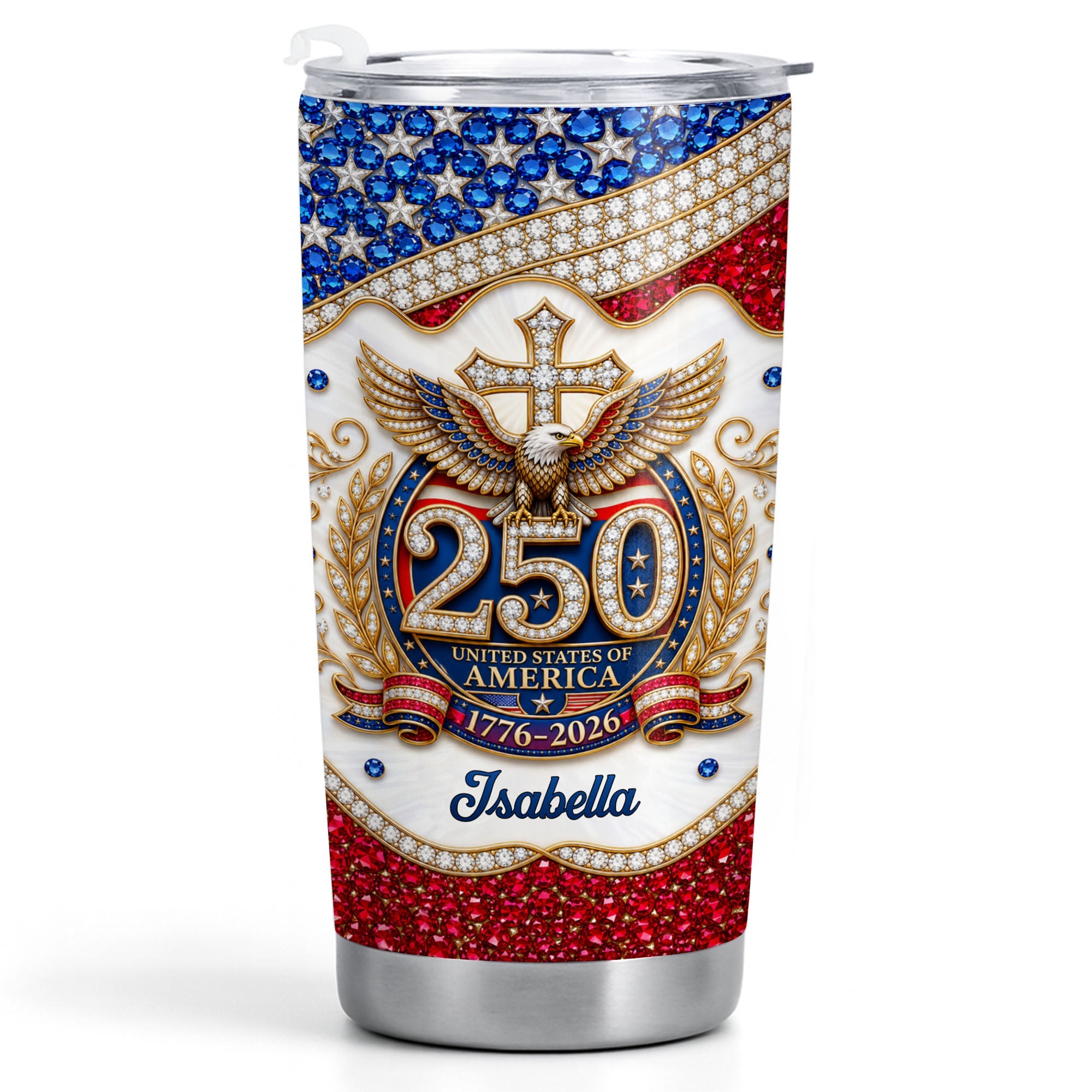 Personalized 20oz Stainless Steel Tumbler with Eagle Cross Design - Custom Gift for Family & Independence Day 20oz Tumbler GradoCreations