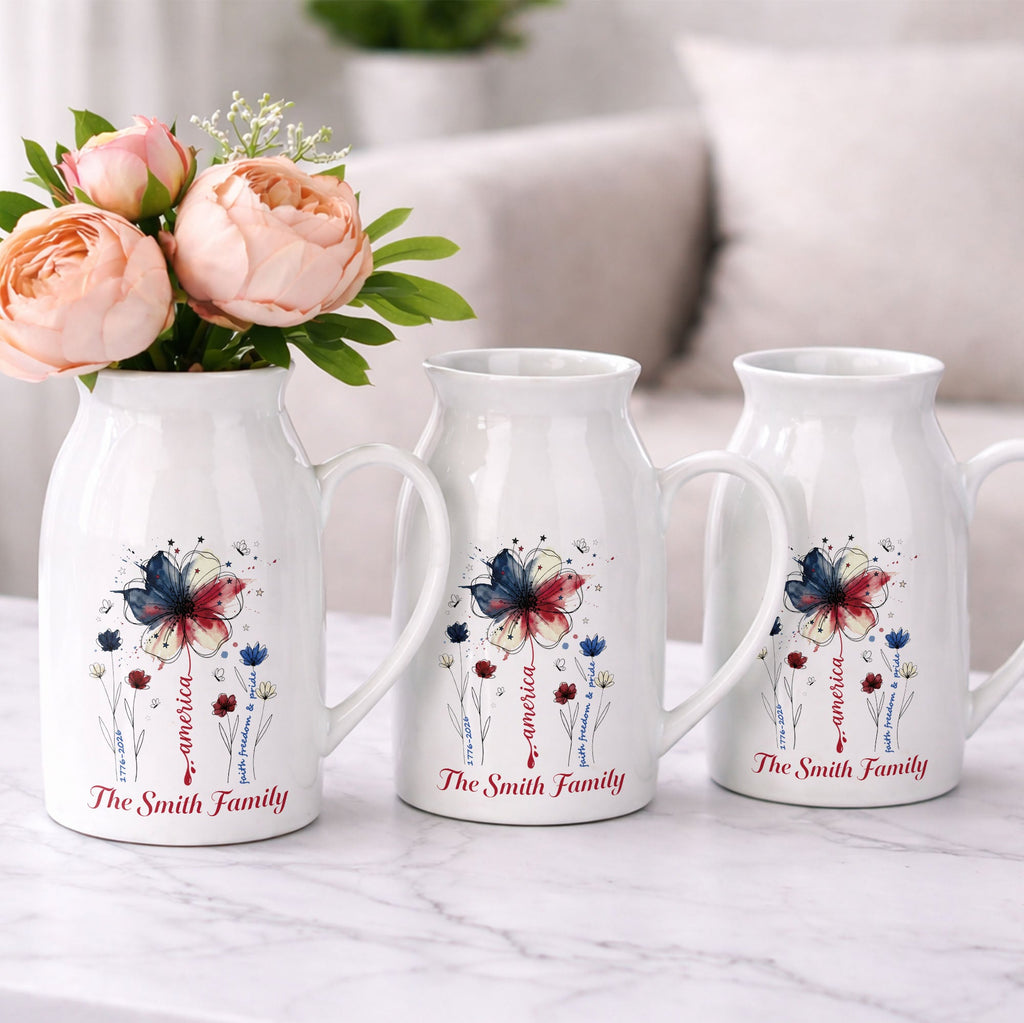 Personalized Ceramic Flower Vase USA Flag Gift for Family Flower Vase GradoCreations