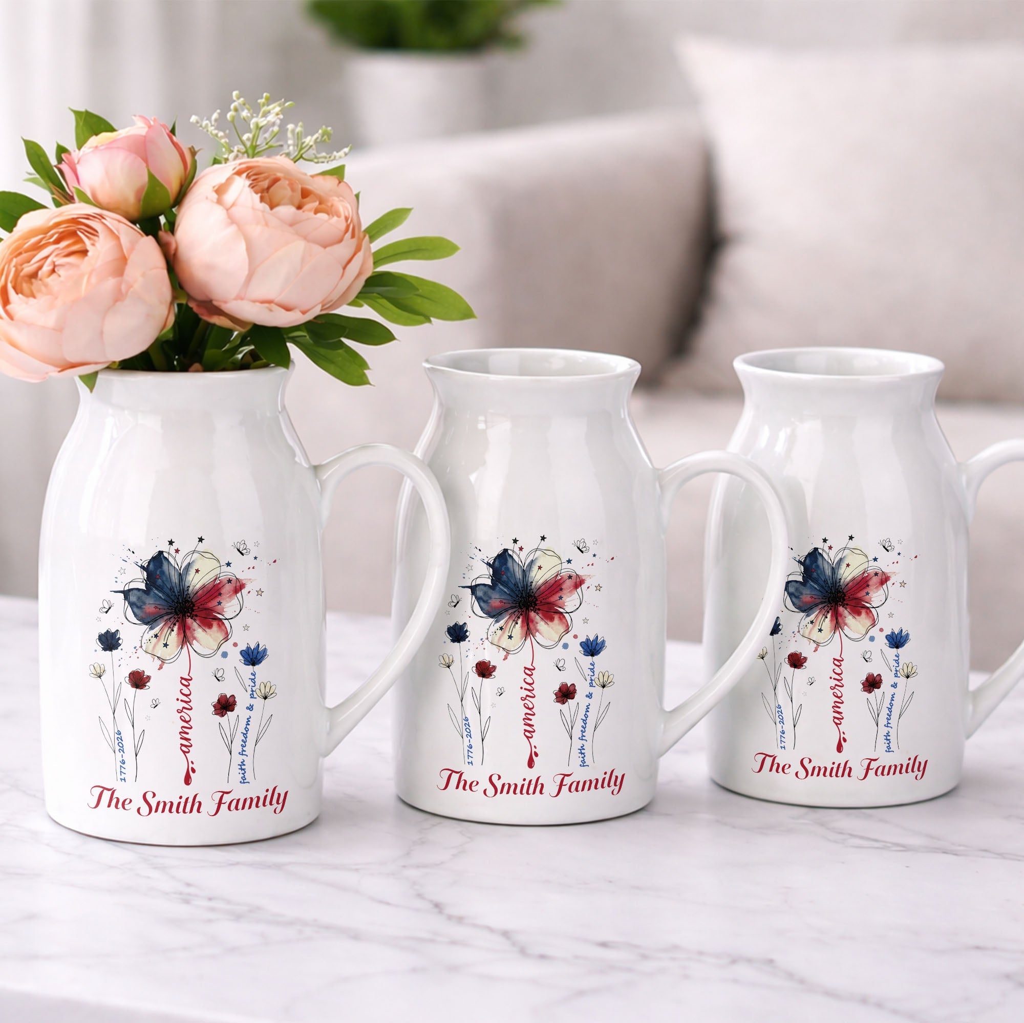Personalized Ceramic Flower Vase USA Flag Gift for Family Flower Vase GradoCreations