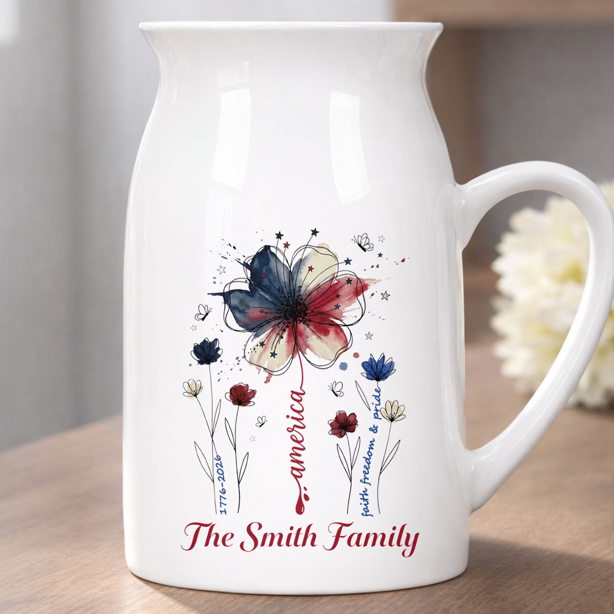 Personalized Ceramic Flower Vase USA Flag Gift for Family Flower Vase GradoCreations