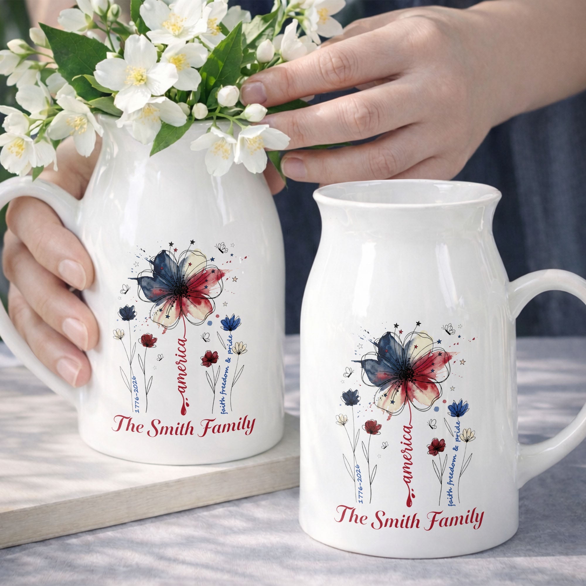 Personalized Ceramic Flower Vase USA Flag Gift for Family Flower Vase GradoCreations