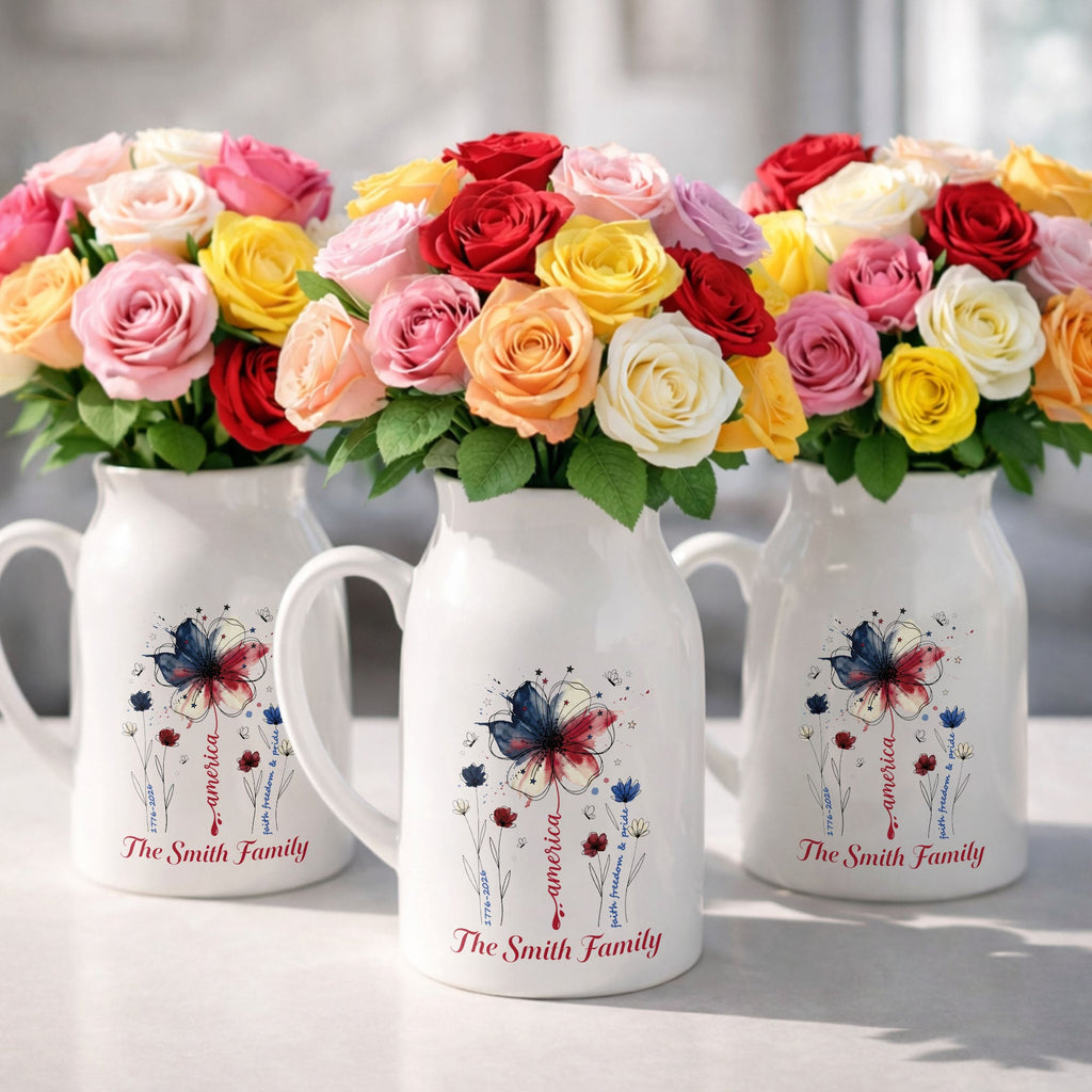 Personalized Ceramic Flower Vase USA Flag Gift for Family Flower Vase GradoCreations