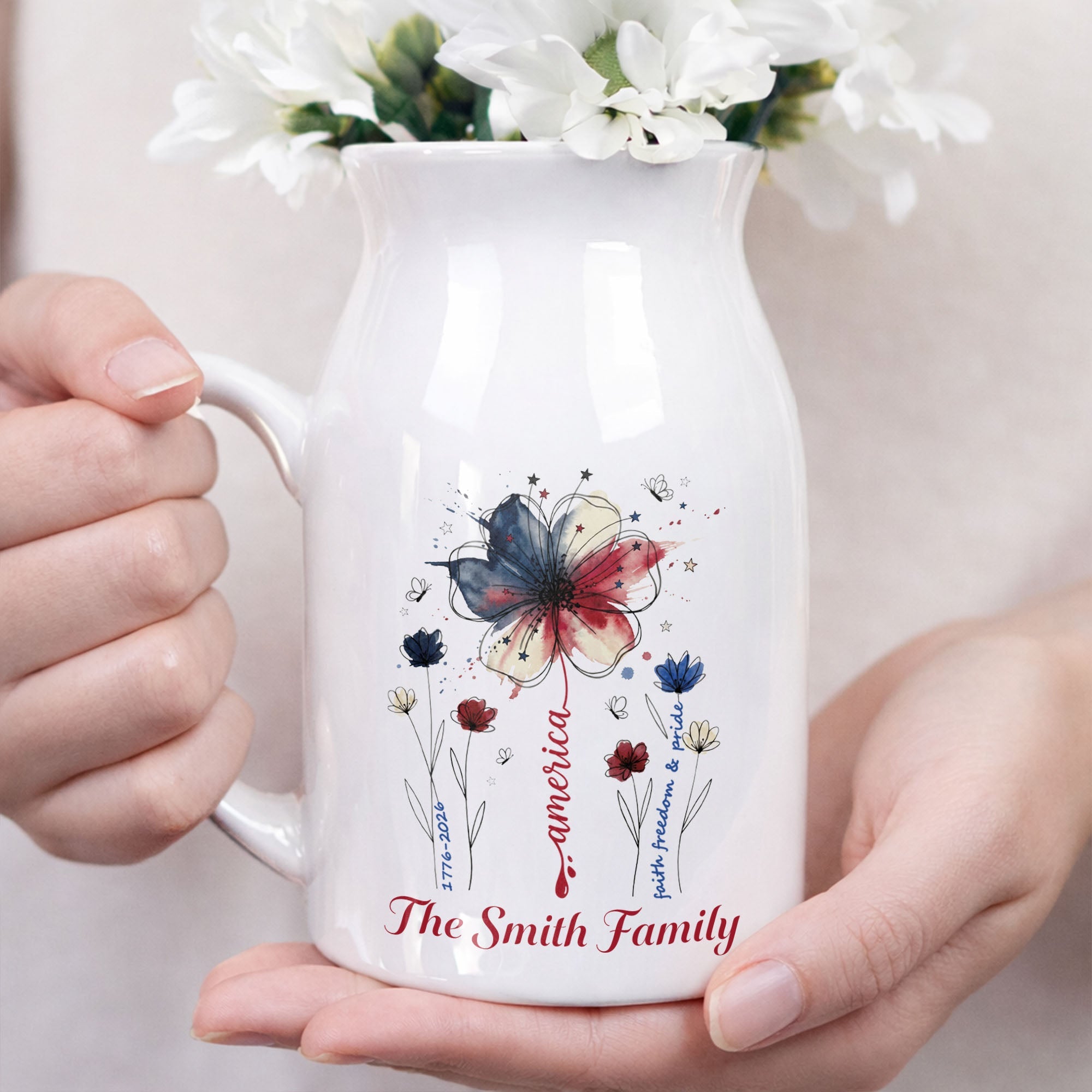 Personalized Ceramic Flower Vase USA Flag Gift for Family Flower Vase GradoCreations