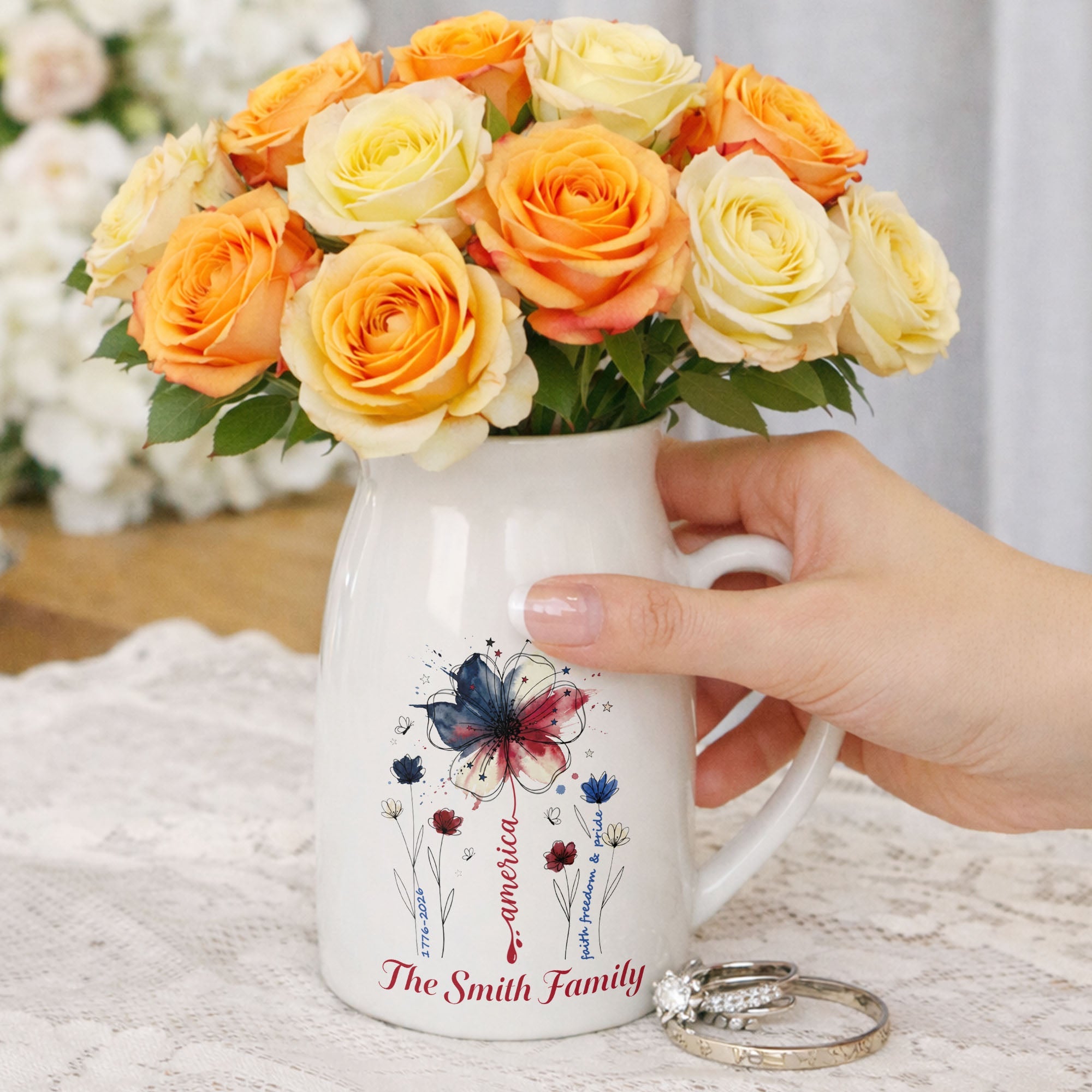 Personalized Ceramic Flower Vase USA Flag Gift for Family Flower Vase GradoCreations