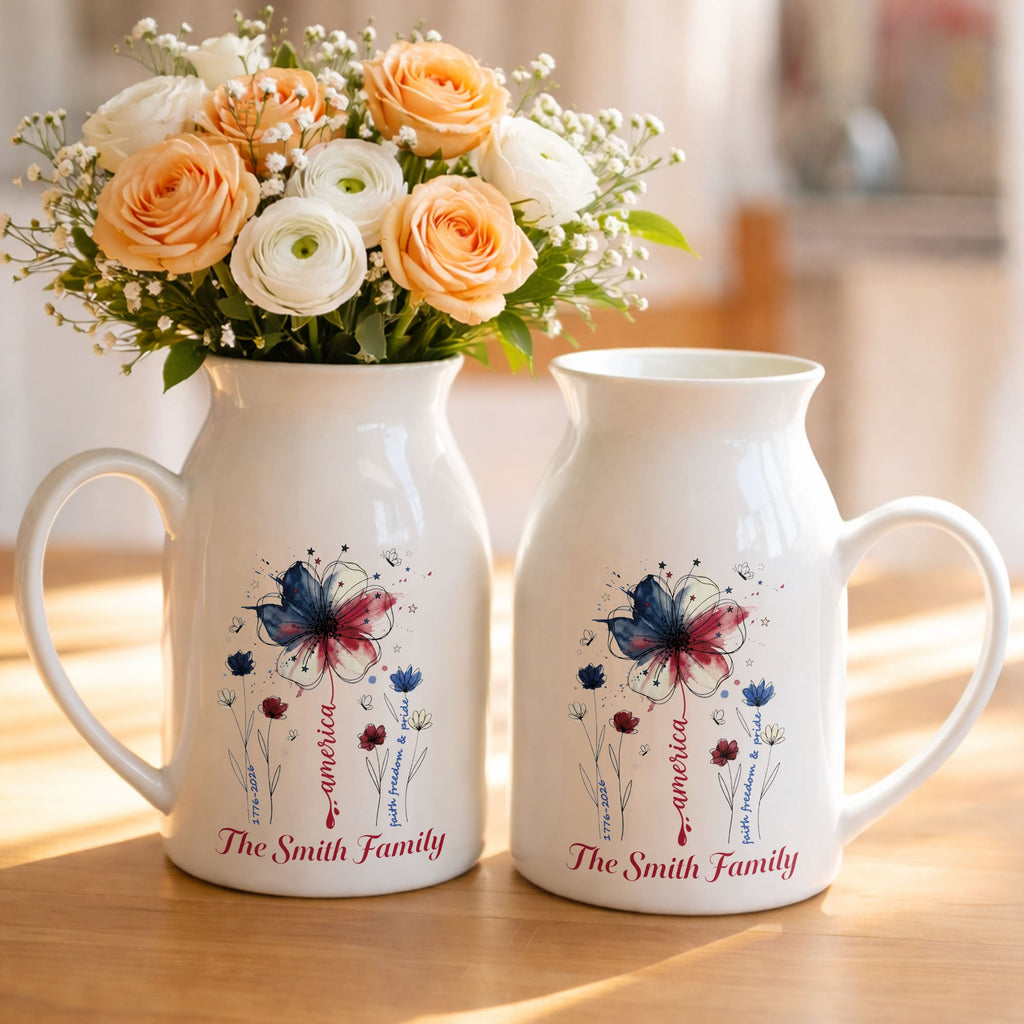 Personalized Ceramic Flower Vase USA Flag Gift for Family Flower Vase GradoCreations