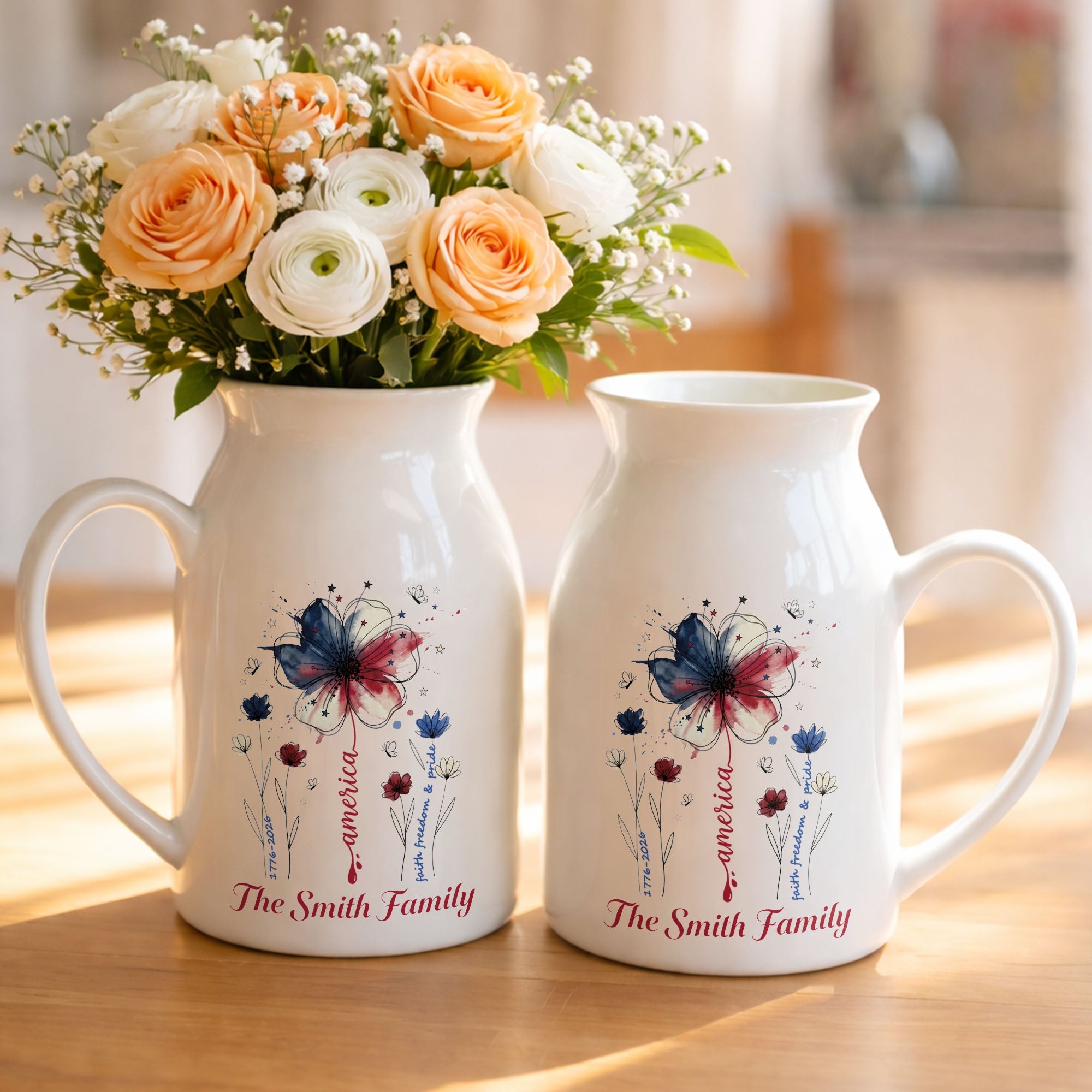 Personalized Ceramic Flower Vase USA Flag Gift for Family Flower Vase GradoCreations