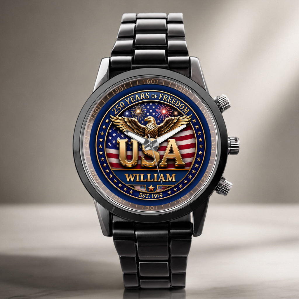 Personalized Men's Watch Custom Name USA Flag Gift for Dad Men's Watch GradoCreations