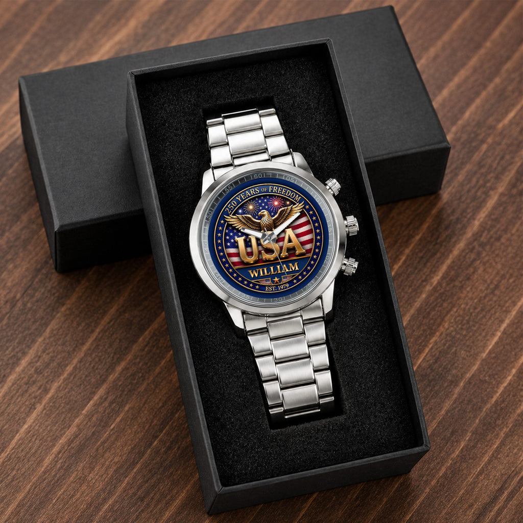 Personalized Men's Watch Custom Name USA Flag Gift for Dad Men's Watch GradoCreations