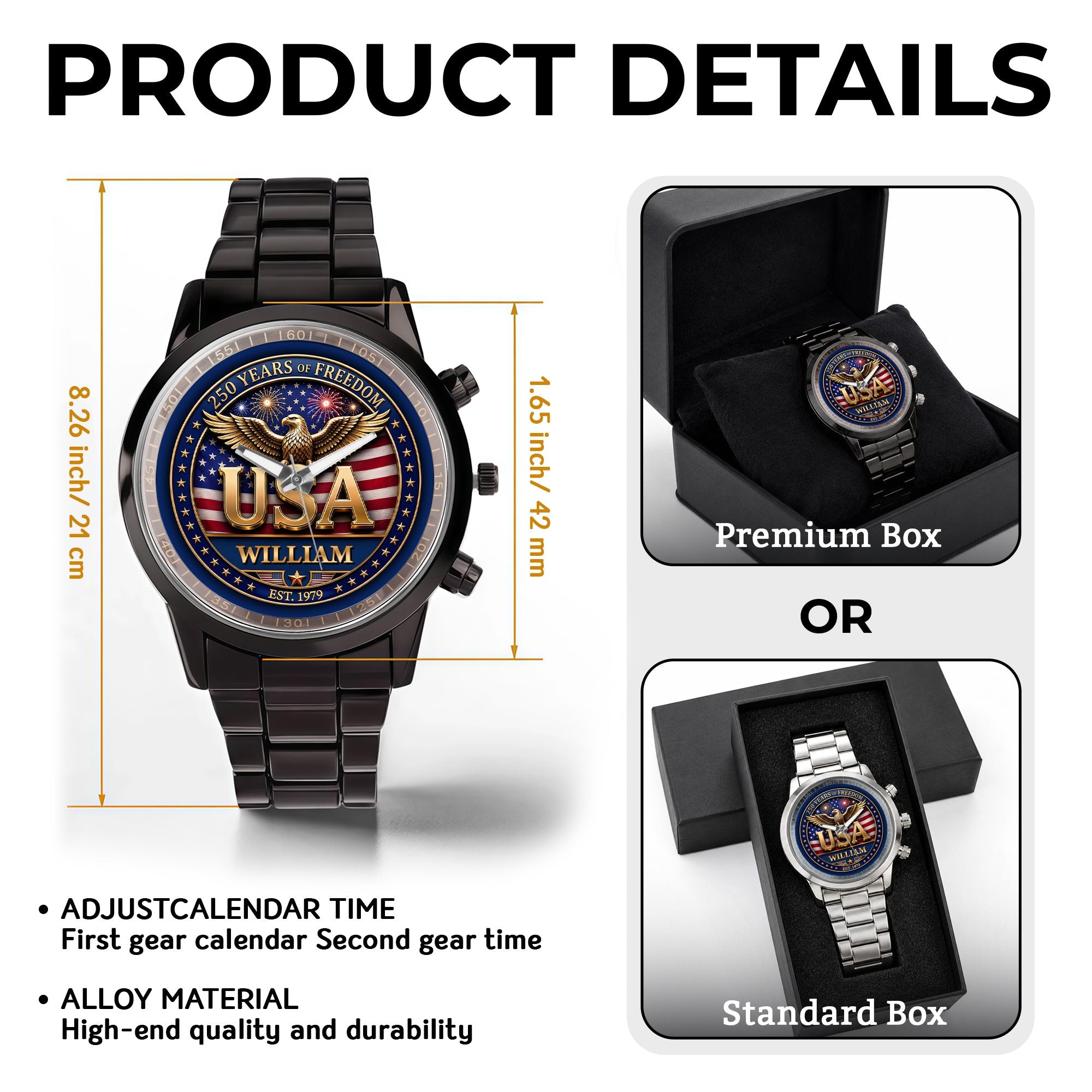Personalized Men's Watch Custom Name USA Flag Gift for Dad Men's Watch GradoCreations