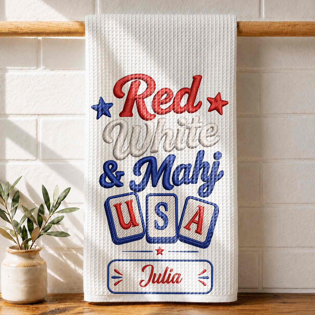 Personalized Patriotic Mahjong Embroidery Kitchen Towel 4th of July Gift Kitchen Towel GradoCreations