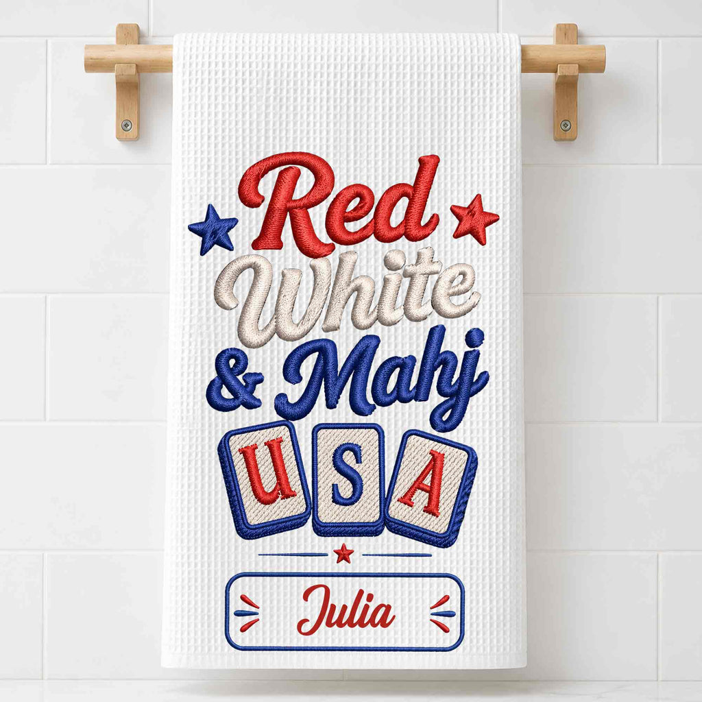 Personalized Patriotic Mahjong Embroidery Kitchen Towel 4th of July Gift Kitchen Towel GradoCreations