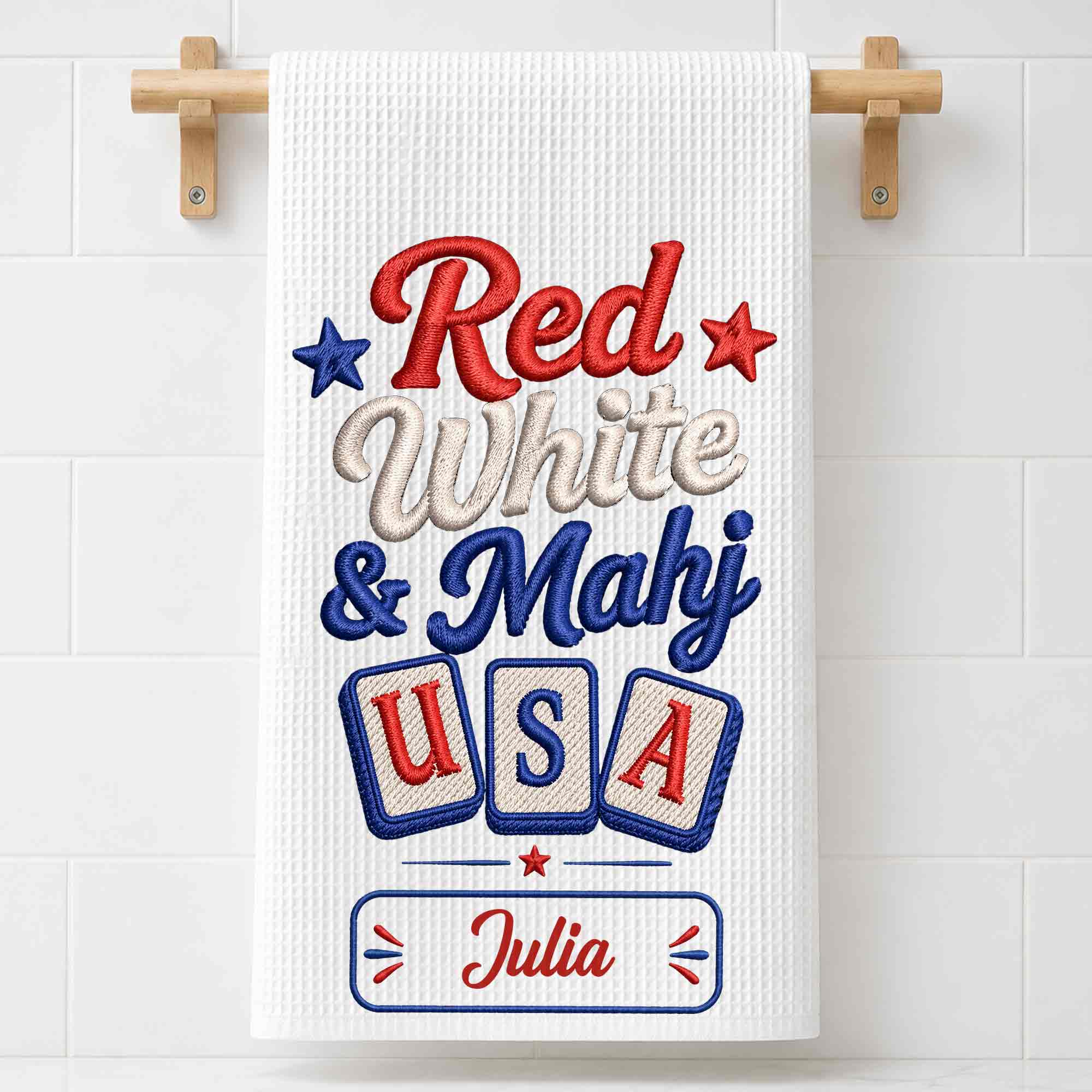 Personalized Patriotic Mahjong Embroidery Kitchen Towel 4th of July Gift Kitchen Towel GradoCreations