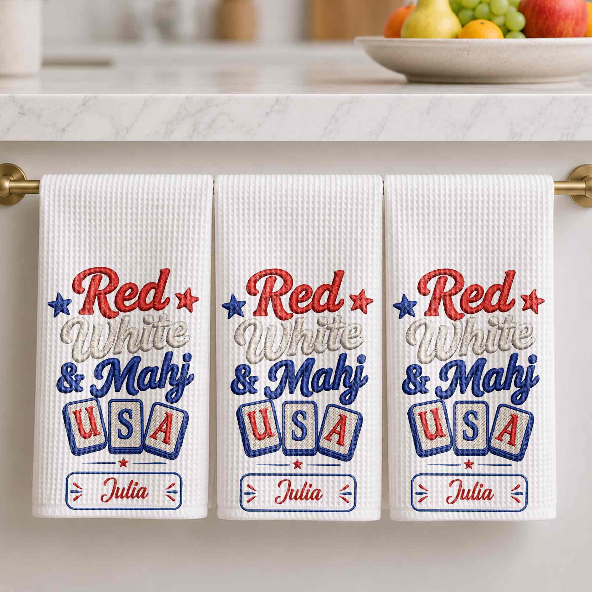 Personalized Patriotic Mahjong Embroidery Kitchen Towel 4th of July Gift Kitchen Towel GradoCreations