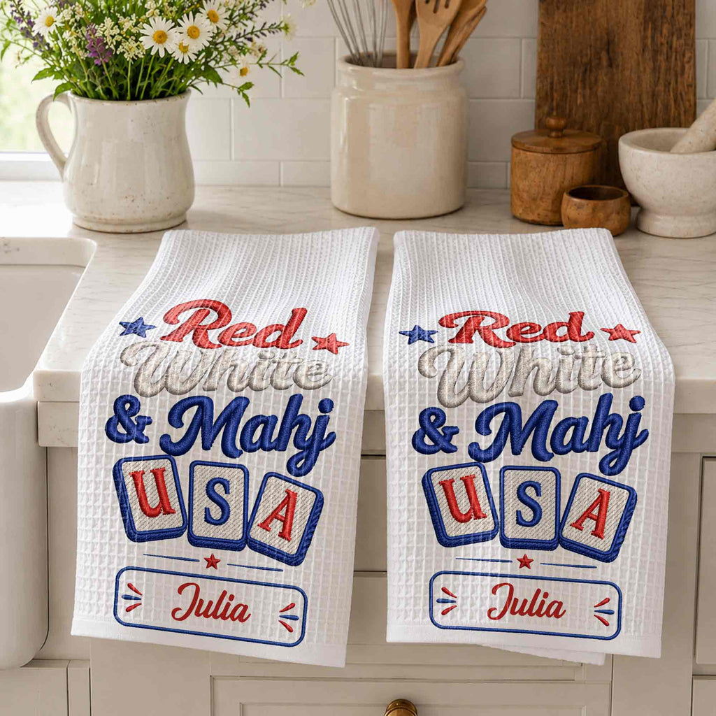 Personalized Patriotic Mahjong Embroidery Kitchen Towel 4th of July Gift Kitchen Towel GradoCreations
