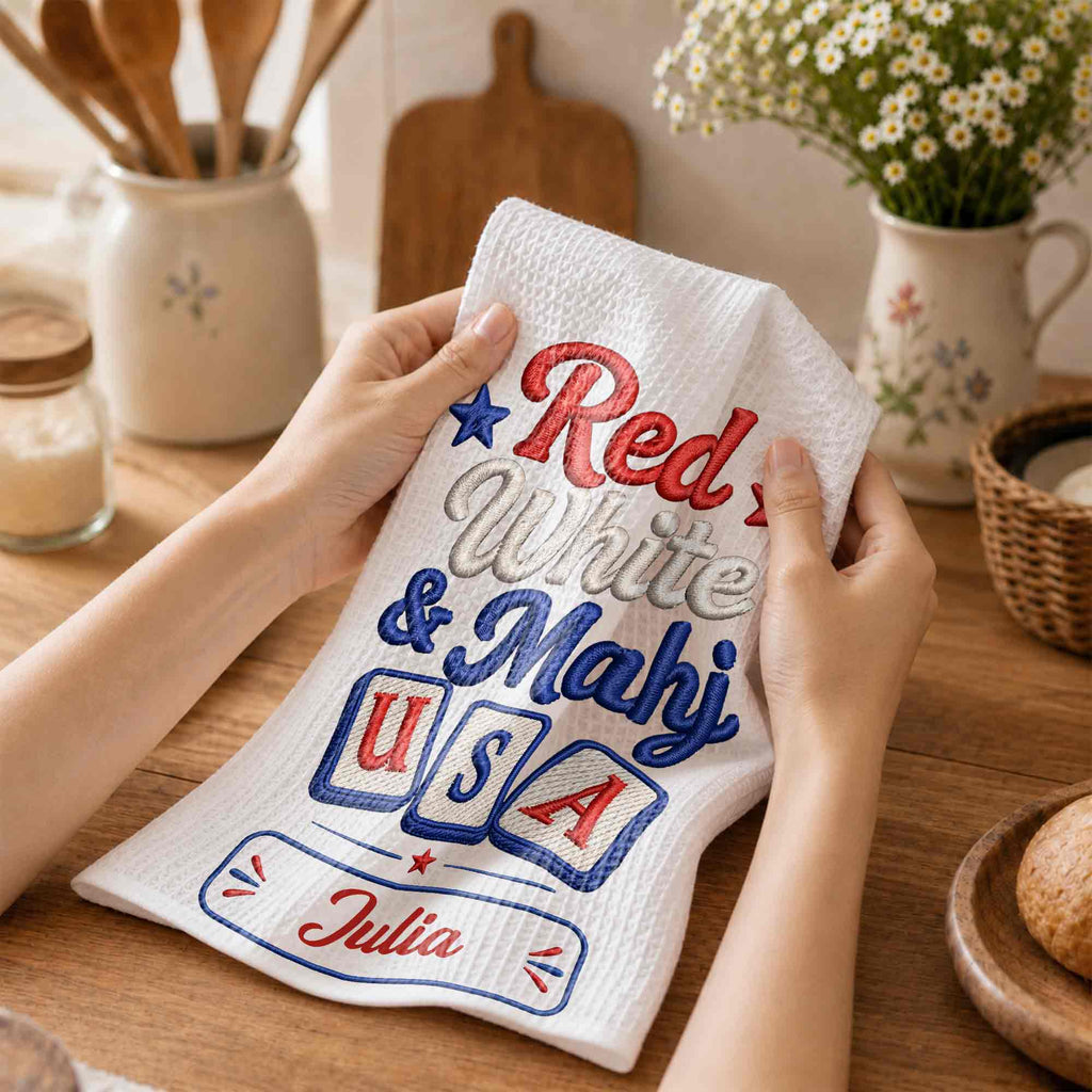 Personalized Patriotic Mahjong Embroidery Kitchen Towel 4th of July Gift Kitchen Towel GradoCreations