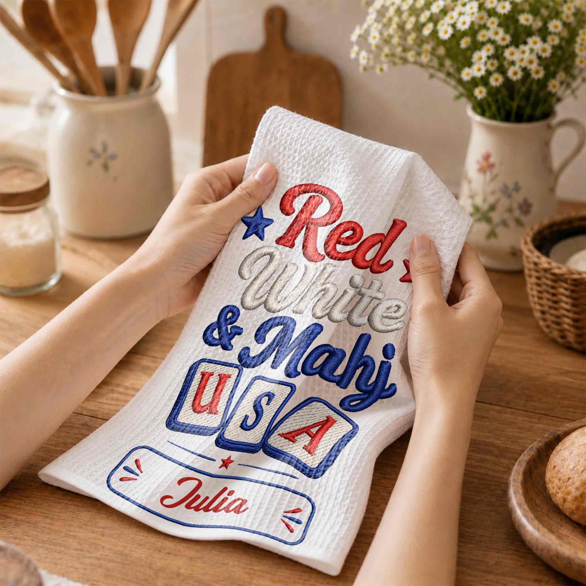 Personalized Patriotic Mahjong Embroidery Kitchen Towel 4th of July Gift Kitchen Towel GradoCreations