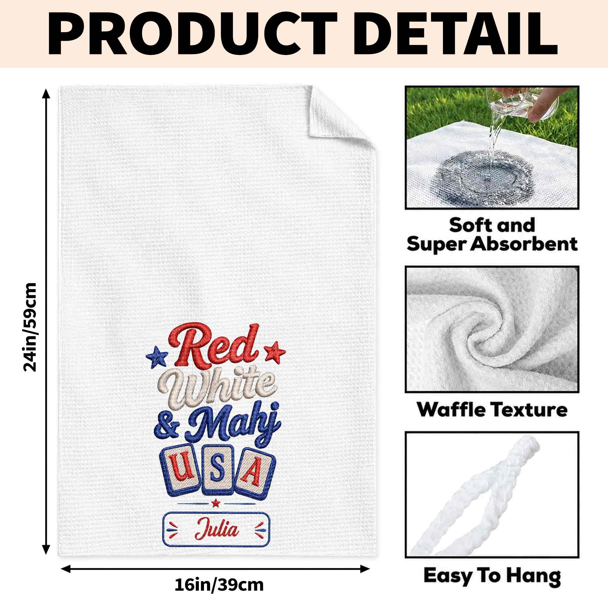 Personalized Patriotic Mahjong Embroidery Kitchen Towel 4th of July Gift Kitchen Towel GradoCreations