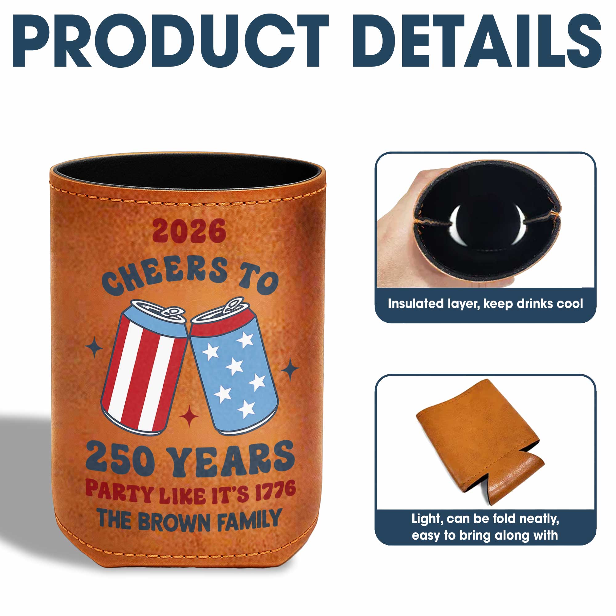 Personalized Leather Can Cooler Custom Name 4th of July Gift Leather Can Cooler GradoCreations