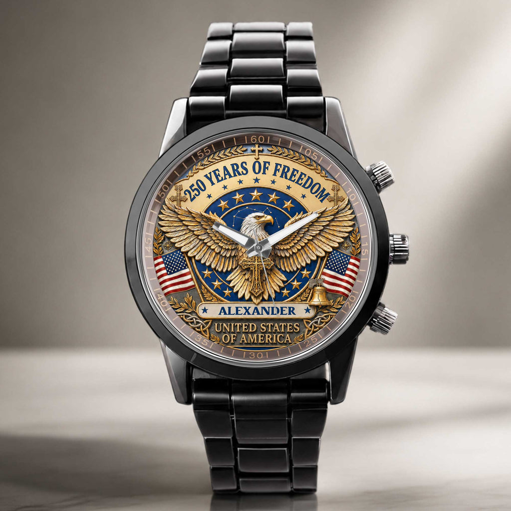 Personalized Black Men's Watch Custom Name Eagle USA Flag Gift for Dad Men's Watch GradoCreations