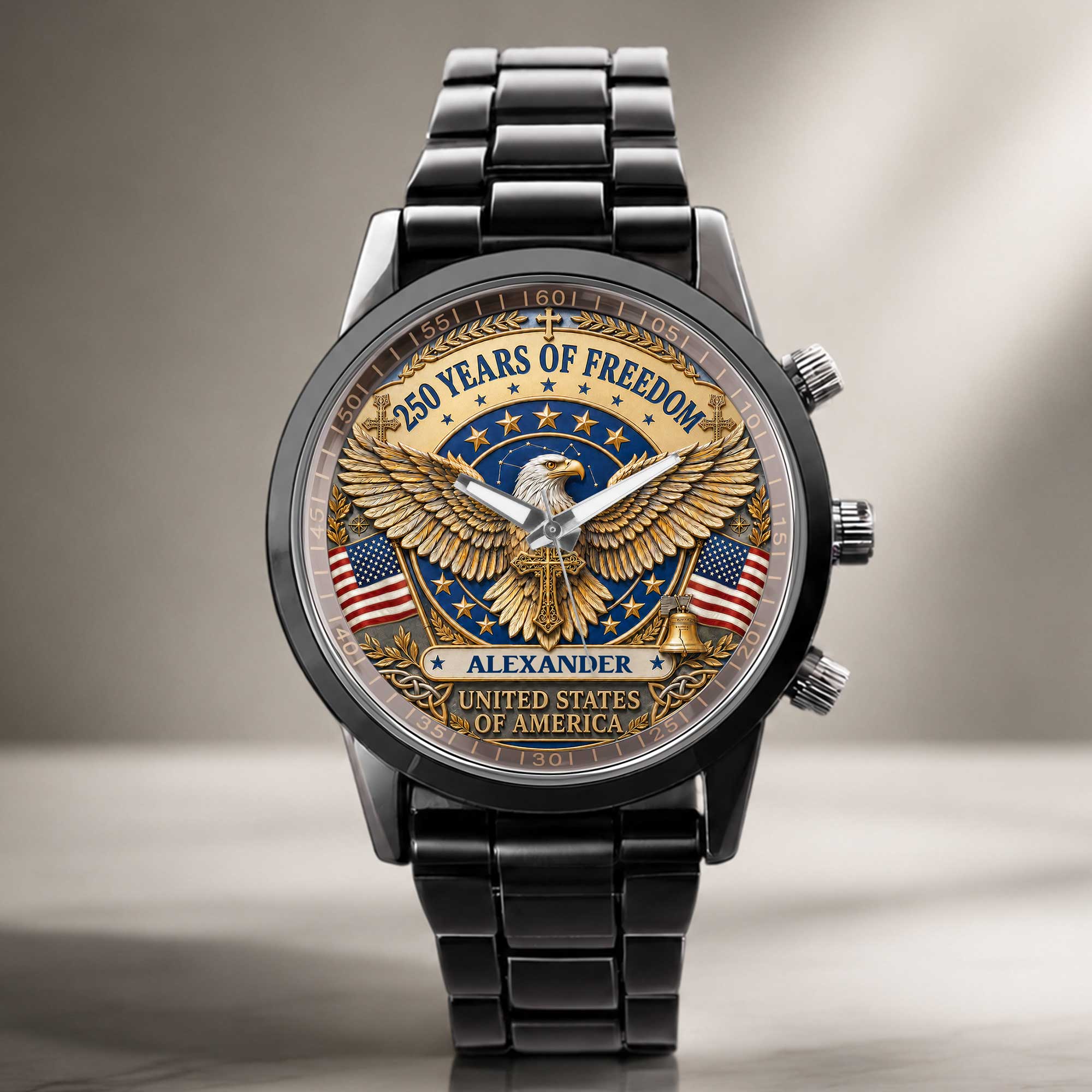 Personalized Black Men's Watch Custom Name Eagle USA Flag Gift for Dad Men's Watch GradoCreations
