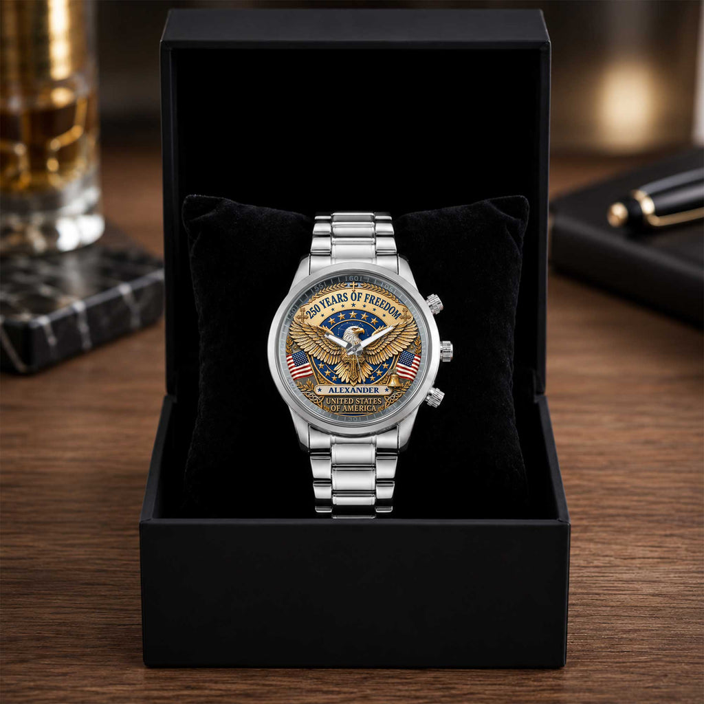 Personalized Black Men's Watch Custom Name Eagle USA Flag Gift for Dad Men's Watch GradoCreations