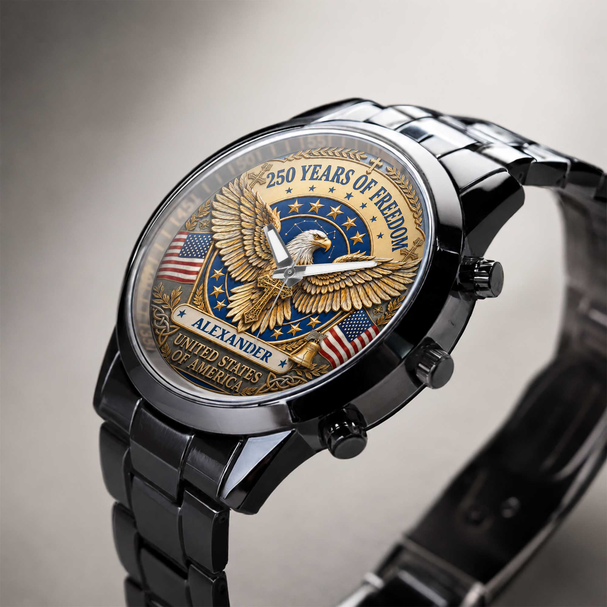 Personalized Black Men's Watch Custom Name Eagle USA Flag Gift for Dad Men's Watch GradoCreations