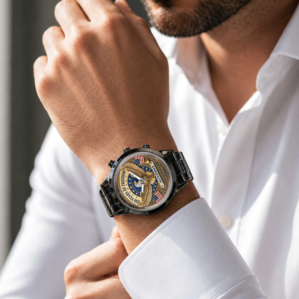 Personalized Black Men's Watch Custom Name Eagle USA Flag Gift for Dad Men's Watch GradoCreations