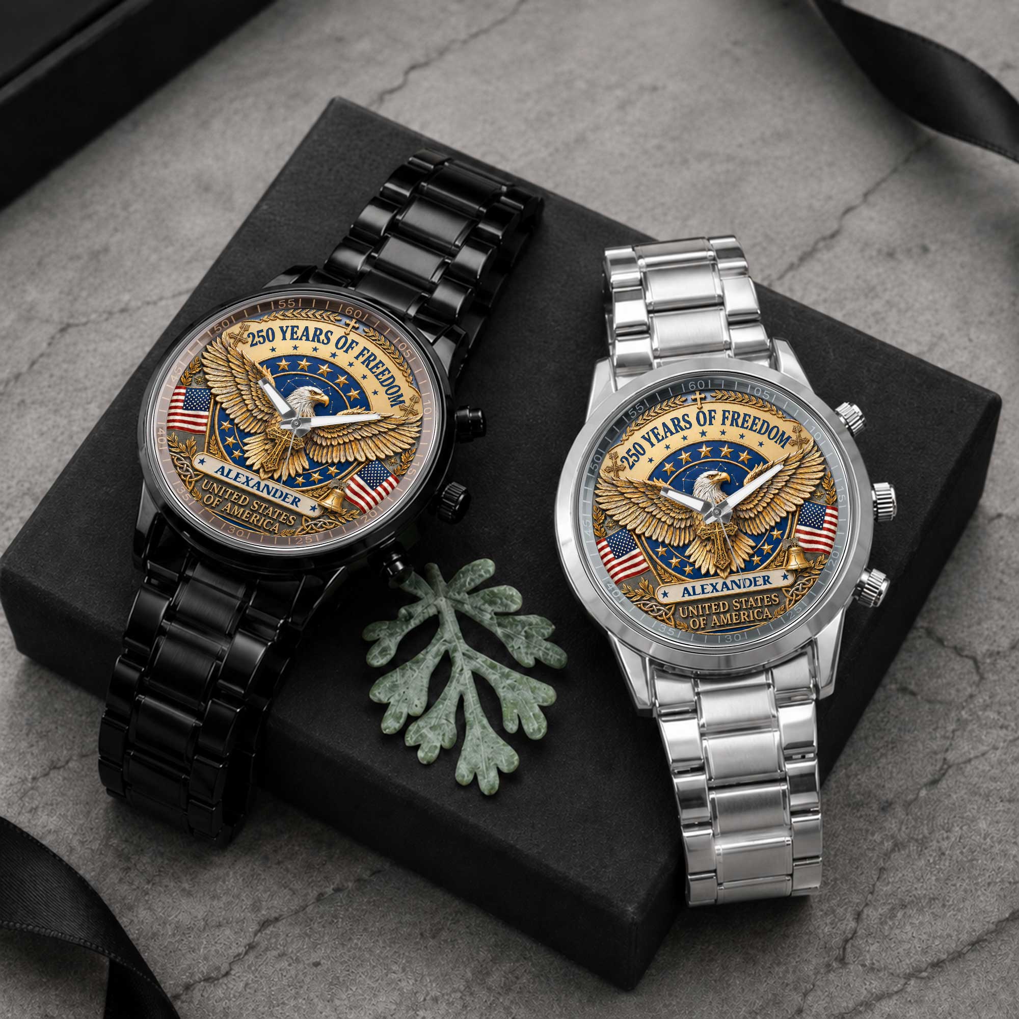 Personalized Black Men's Watch Custom Name Eagle USA Flag Gift for Dad Men's Watch GradoCreations