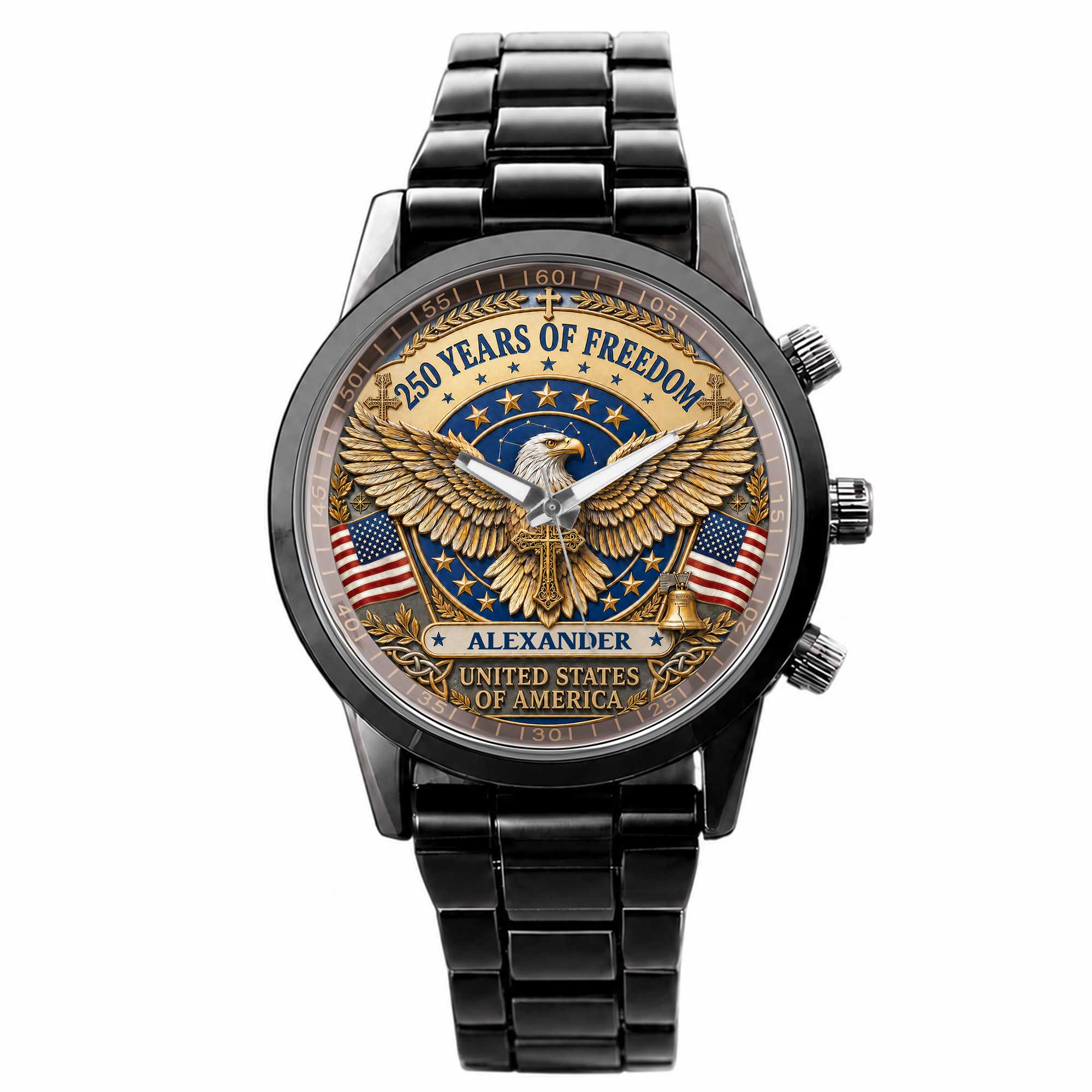 Personalized Black Men's Watch Custom Name Eagle USA Flag Gift for Dad Men's Watch GradoCreations