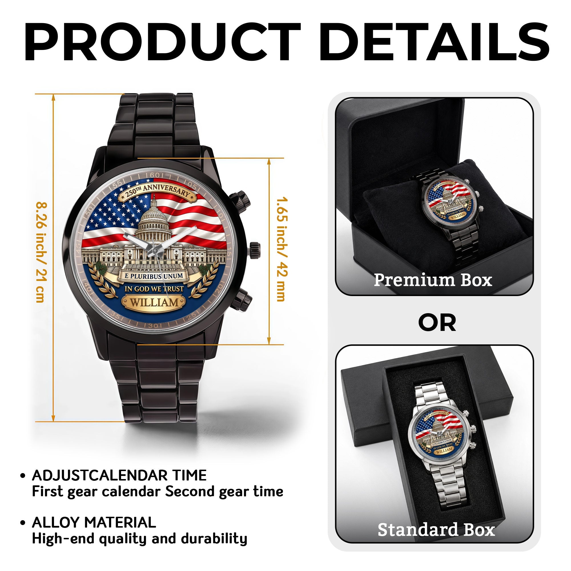 Personalized Custom Men's Watch American Flag Gift for Dad Men's Watch GradoCreations