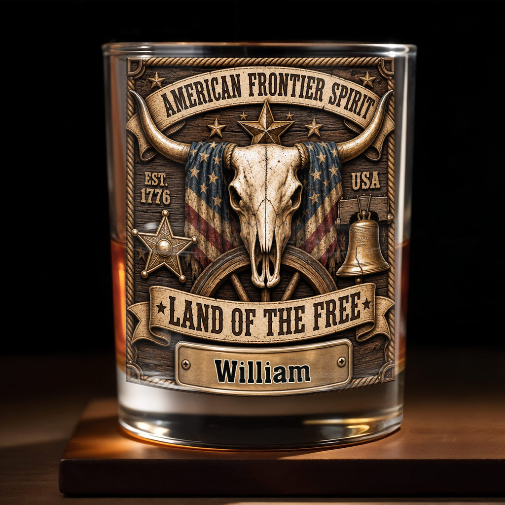 Personalized Whiskey Glass Custom Name Steer Skull Patriotic Gift Whiskey Glass GradoCreations