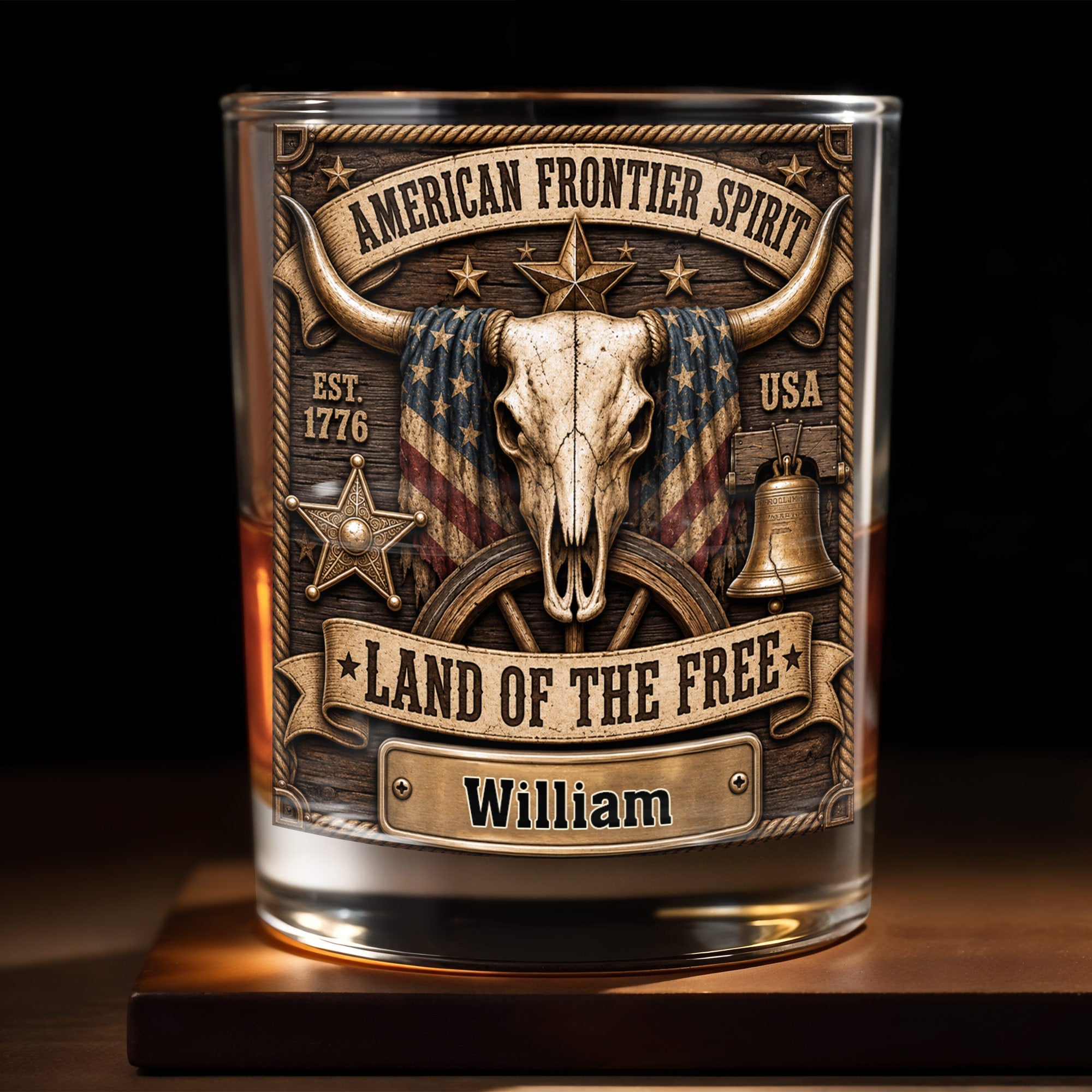 Personalized Whiskey Glass Custom Name Steer Skull Patriotic Gift Whiskey Glass GradoCreations