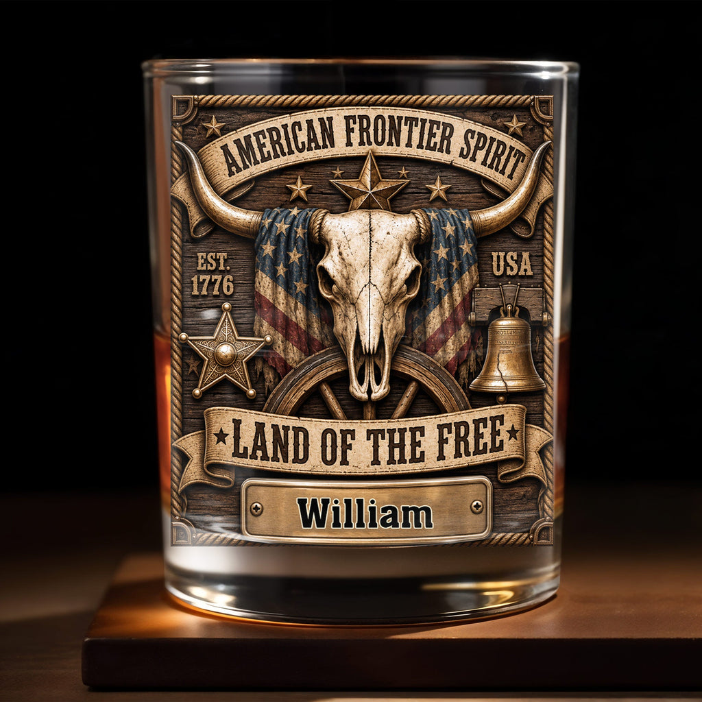 Personalized Whiskey Glass Custom Name Steer Skull Patriotic Gift Whiskey Glass GradoCreations