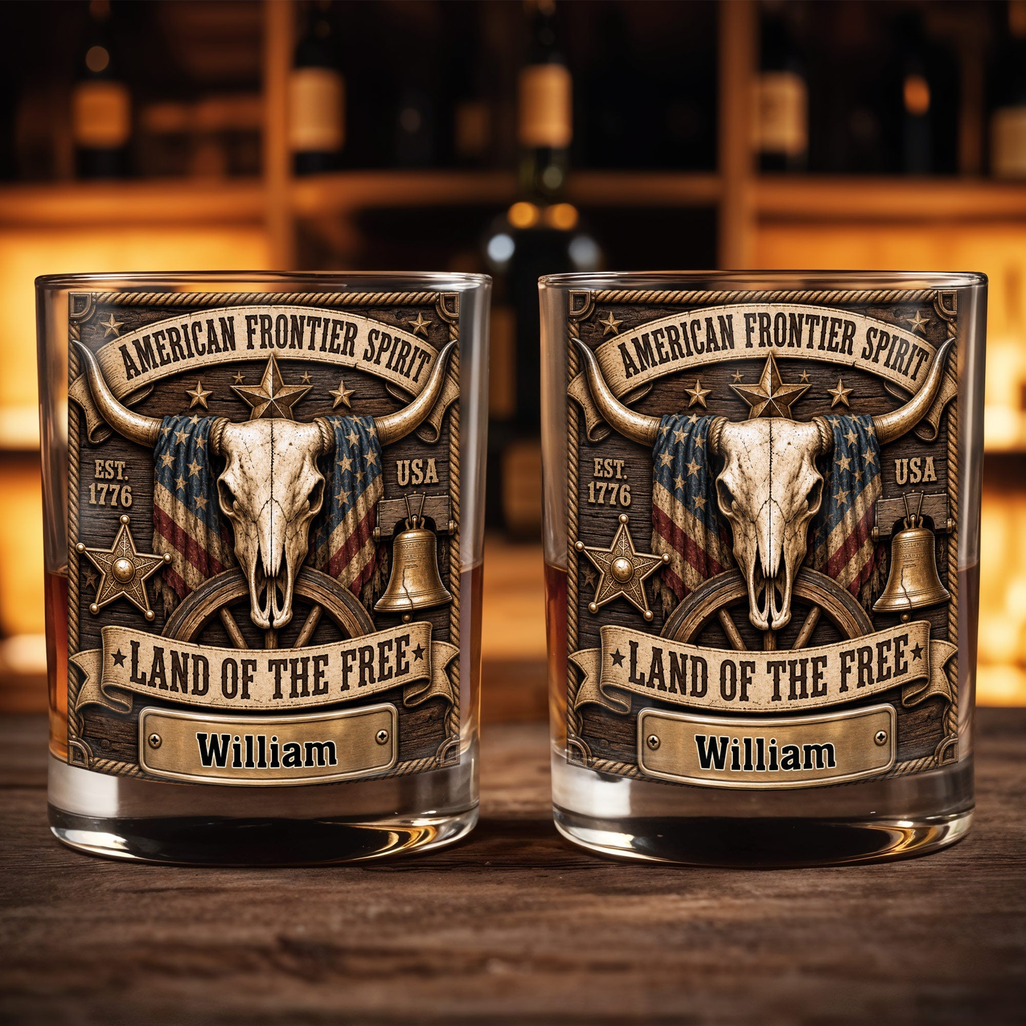 Personalized Whiskey Glass Custom Name Steer Skull Patriotic Gift Whiskey Glass GradoCreations