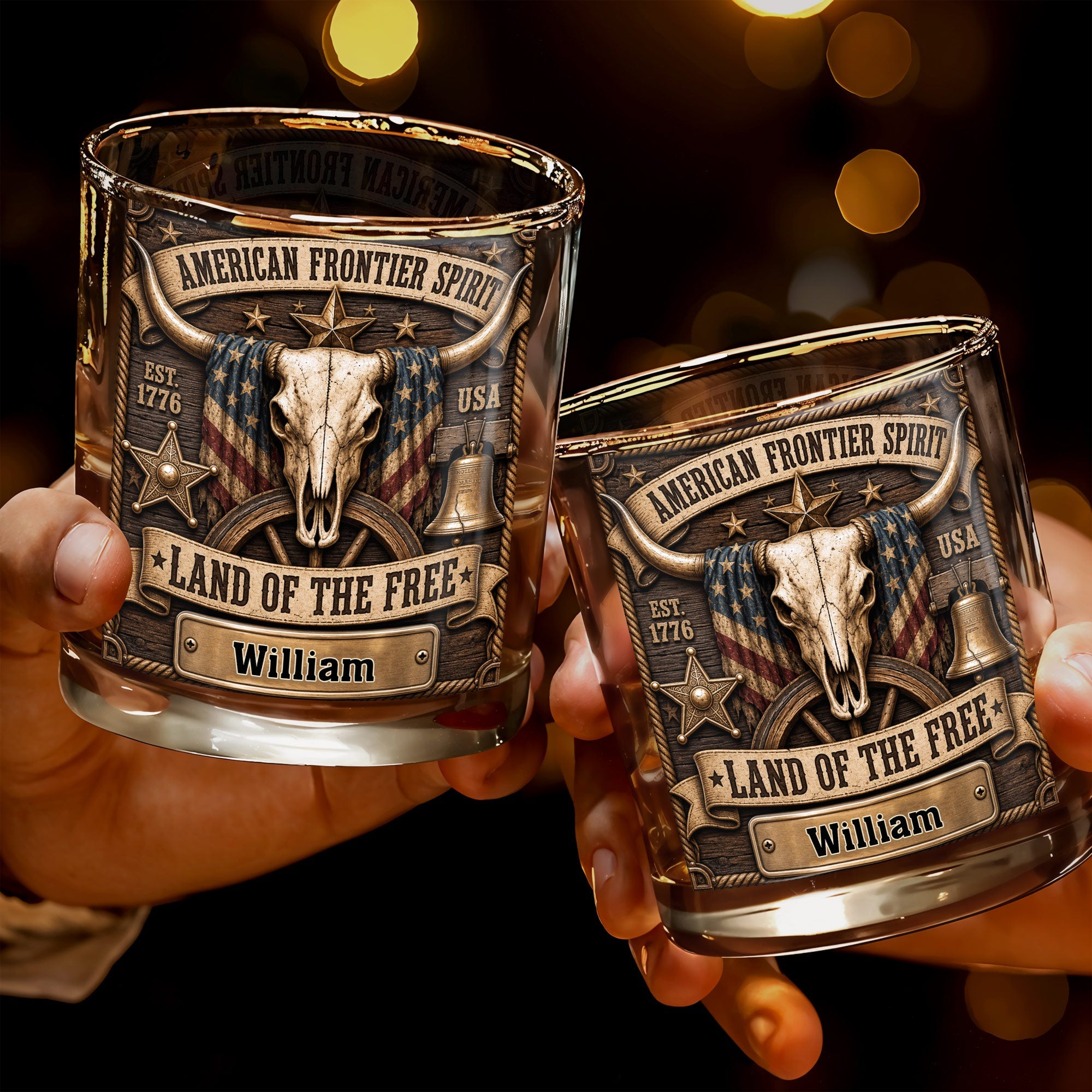 Personalized Whiskey Glass Custom Name Steer Skull Patriotic Gift Whiskey Glass GradoCreations