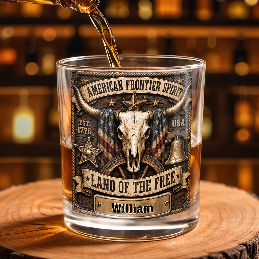 Personalized Whiskey Glass Custom Name Steer Skull Patriotic Gift Whiskey Glass GradoCreations