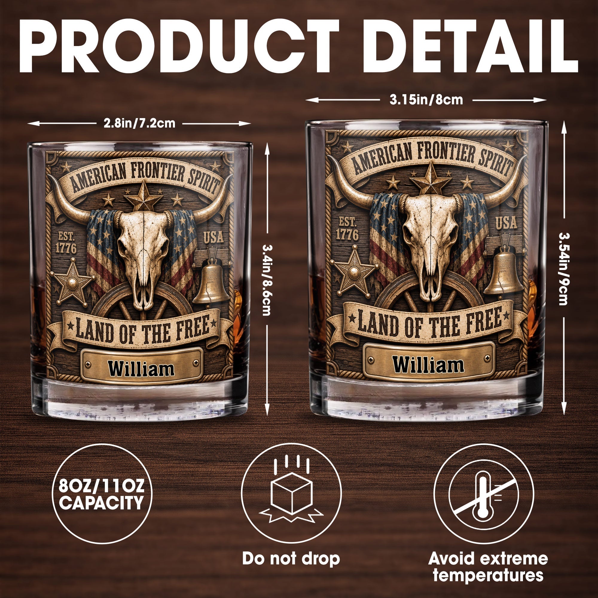 Personalized Whiskey Glass Custom Name Steer Skull Patriotic Gift Whiskey Glass GradoCreations