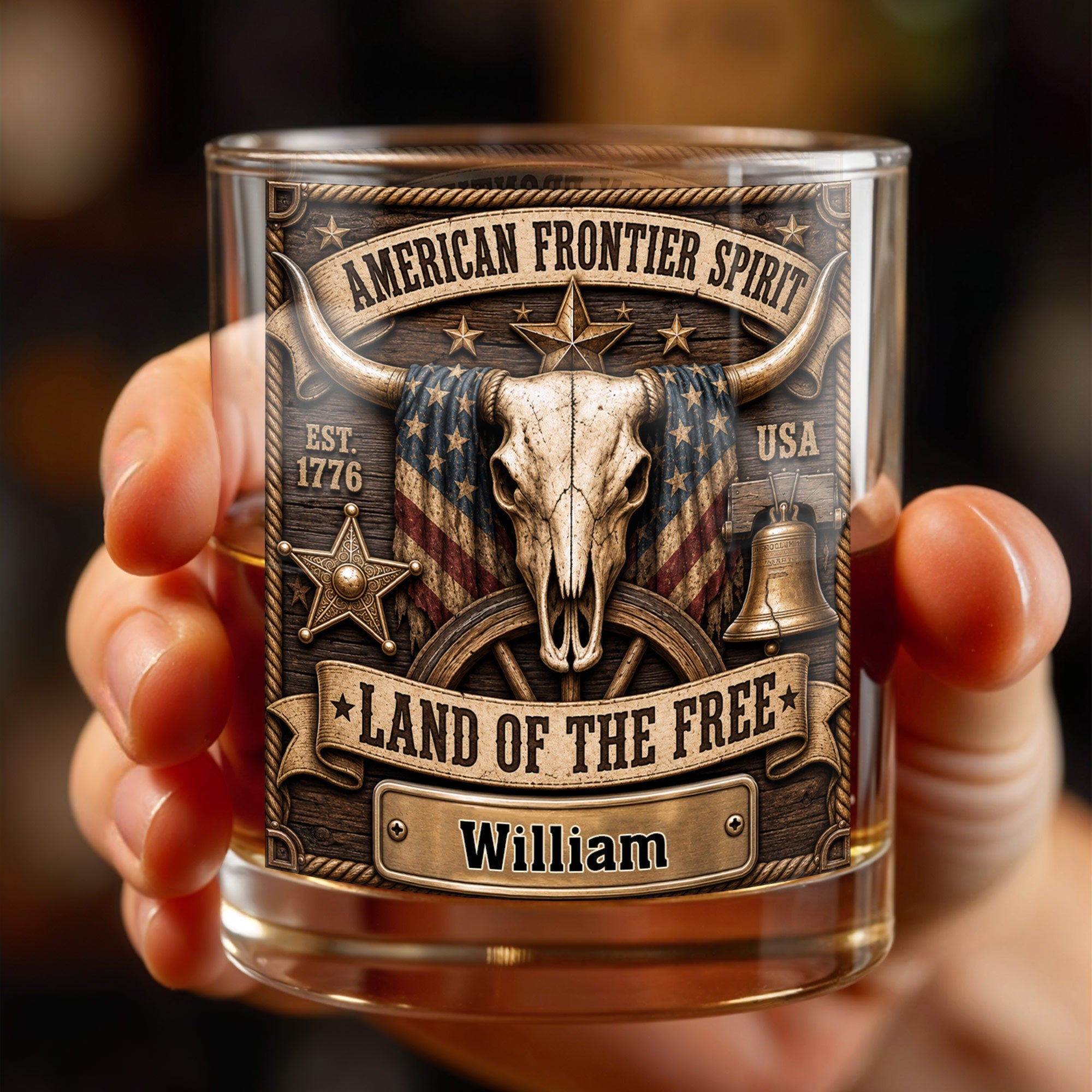 Personalized Whiskey Glass Custom Name Steer Skull Patriotic Gift Whiskey Glass GradoCreations