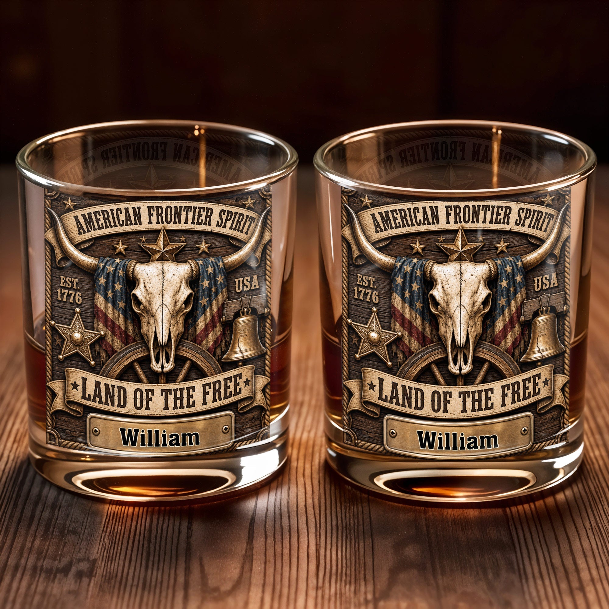 Personalized Whiskey Glass Custom Name Steer Skull Patriotic Gift Whiskey Glass GradoCreations