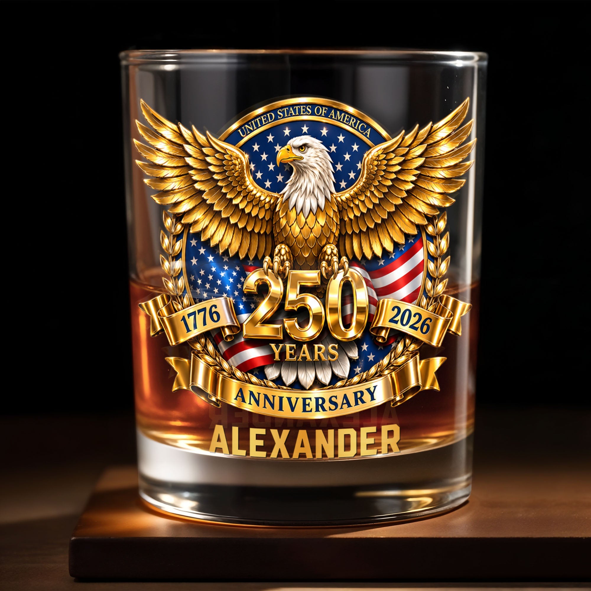 Personalized Custom Whiskey Glass with Bald Eagle and Flag Gift for Dad Whiskey Glass GradoCreations
