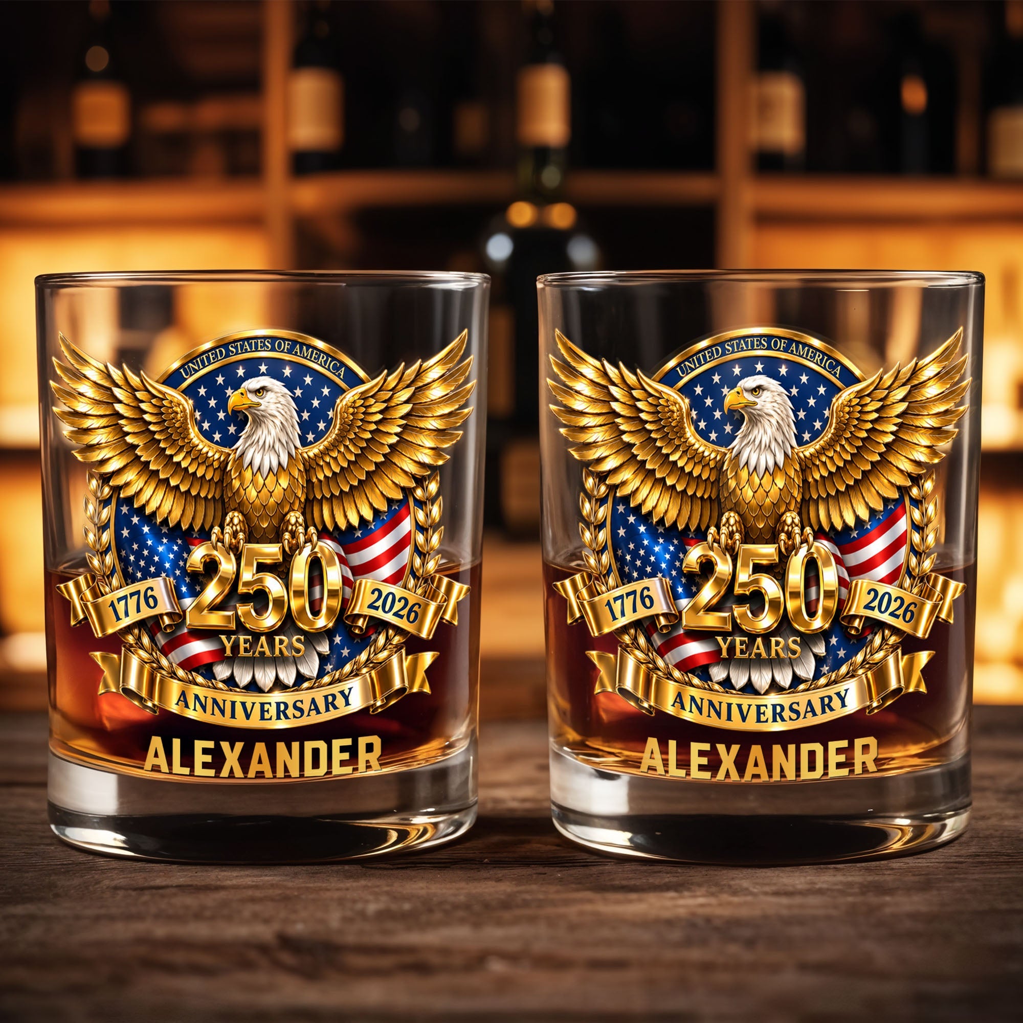 Personalized Custom Whiskey Glass with Bald Eagle and Flag Gift for Dad Whiskey Glass GradoCreations