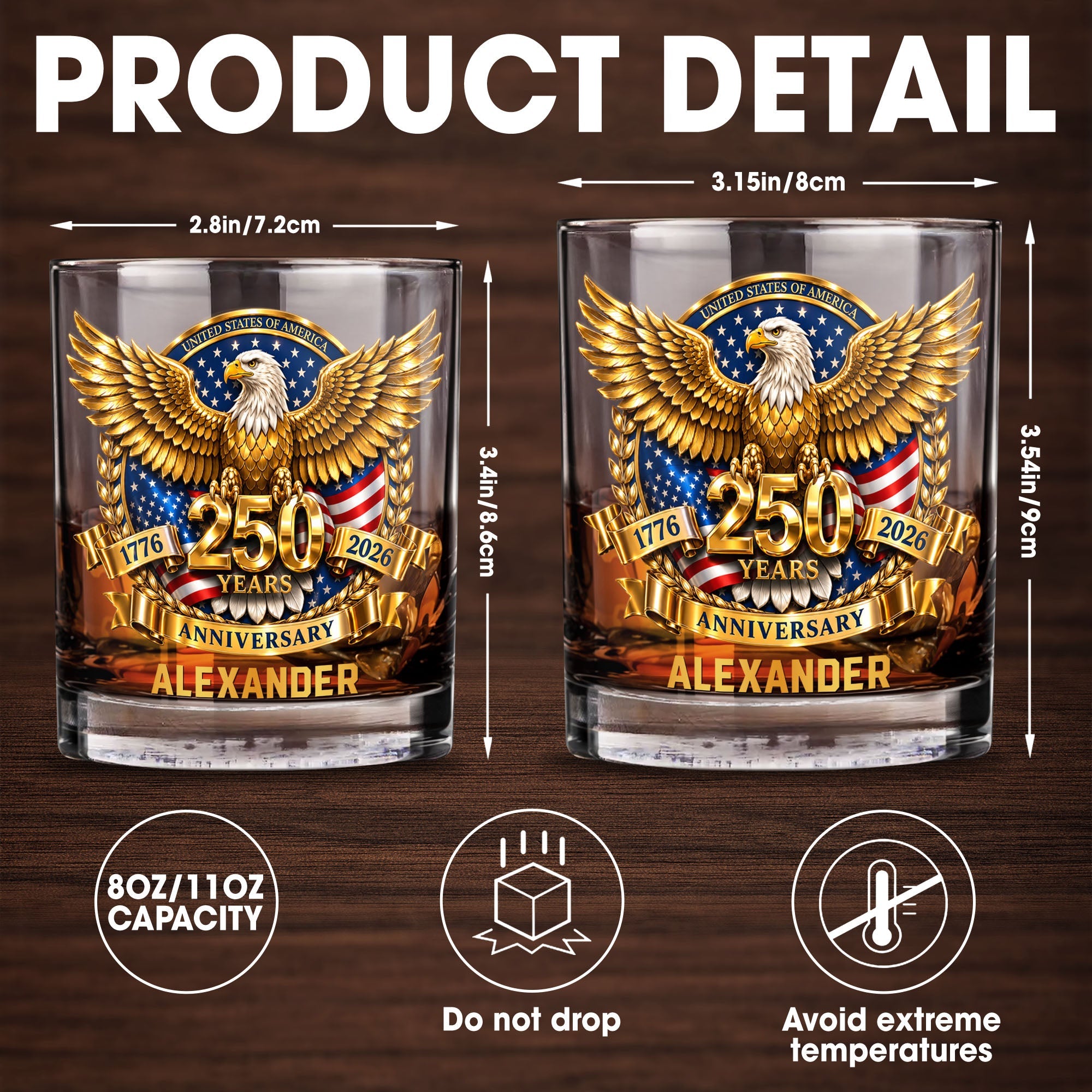 Personalized Custom Whiskey Glass with Bald Eagle and Flag Gift for Dad Whiskey Glass GradoCreations
