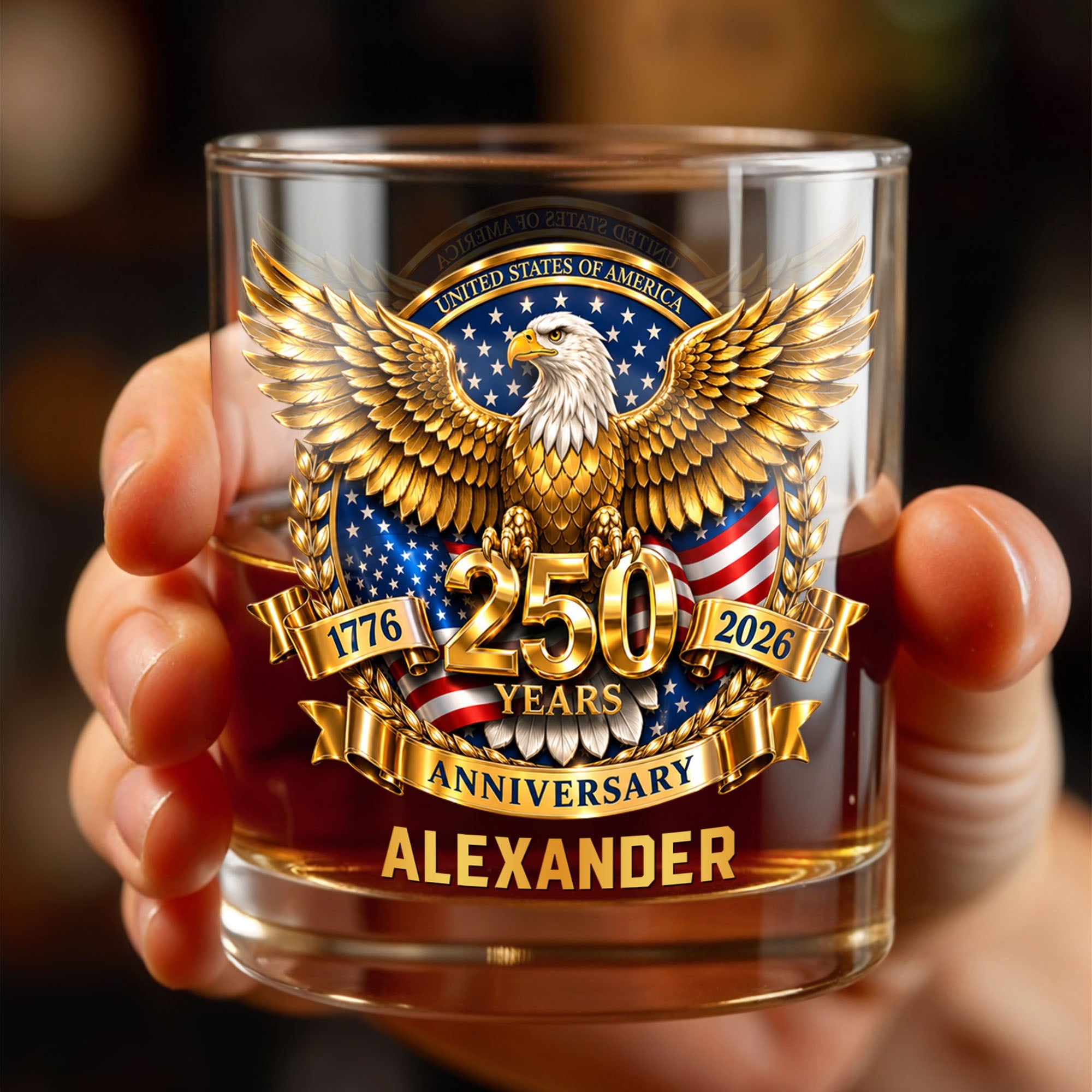 Personalized Custom Whiskey Glass with Bald Eagle and Flag Gift for Dad Whiskey Glass GradoCreations