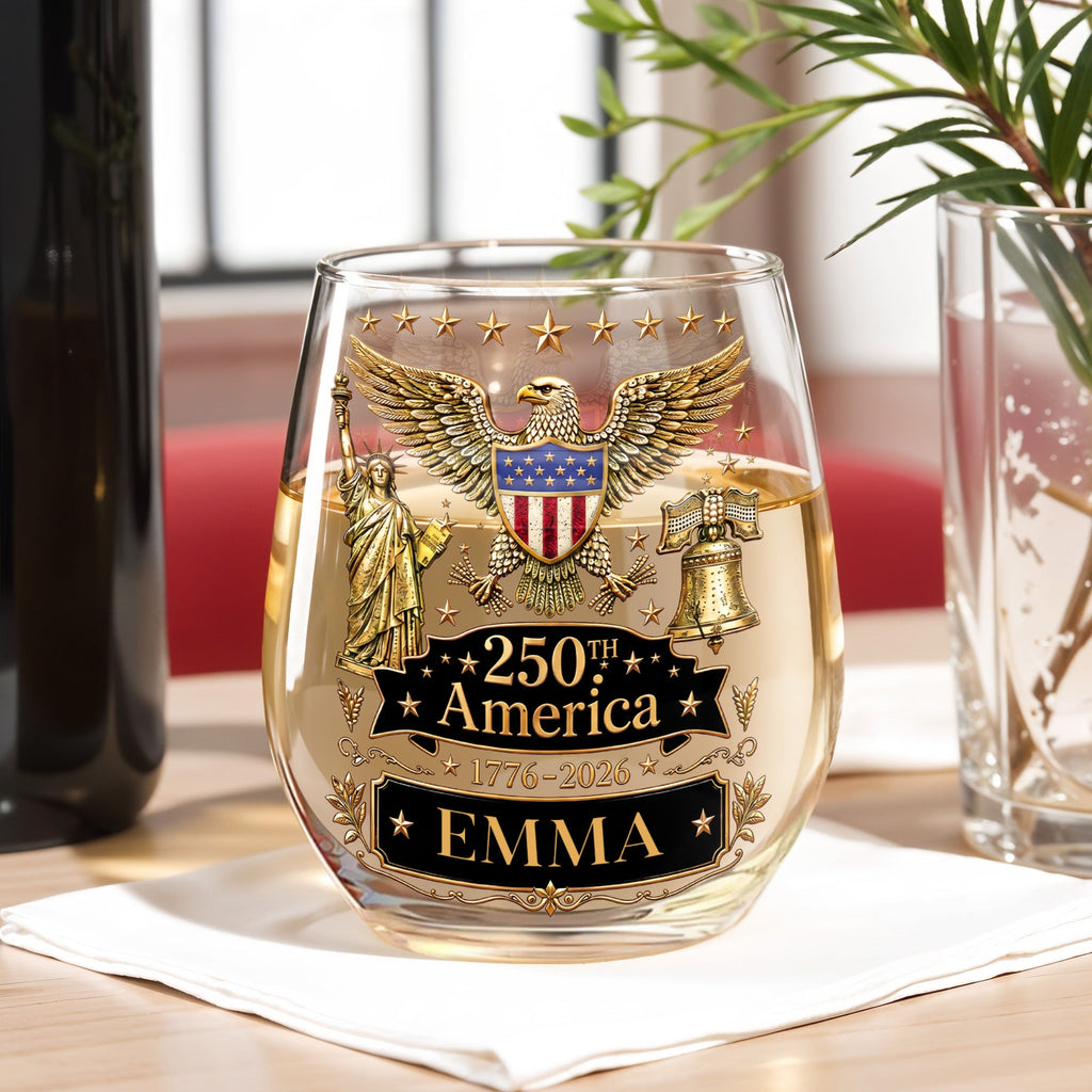 Personalized Stemless Wine Glass Custom Name Eagle Liberty Gift for 4th of July Wine Glasses GradoCreations