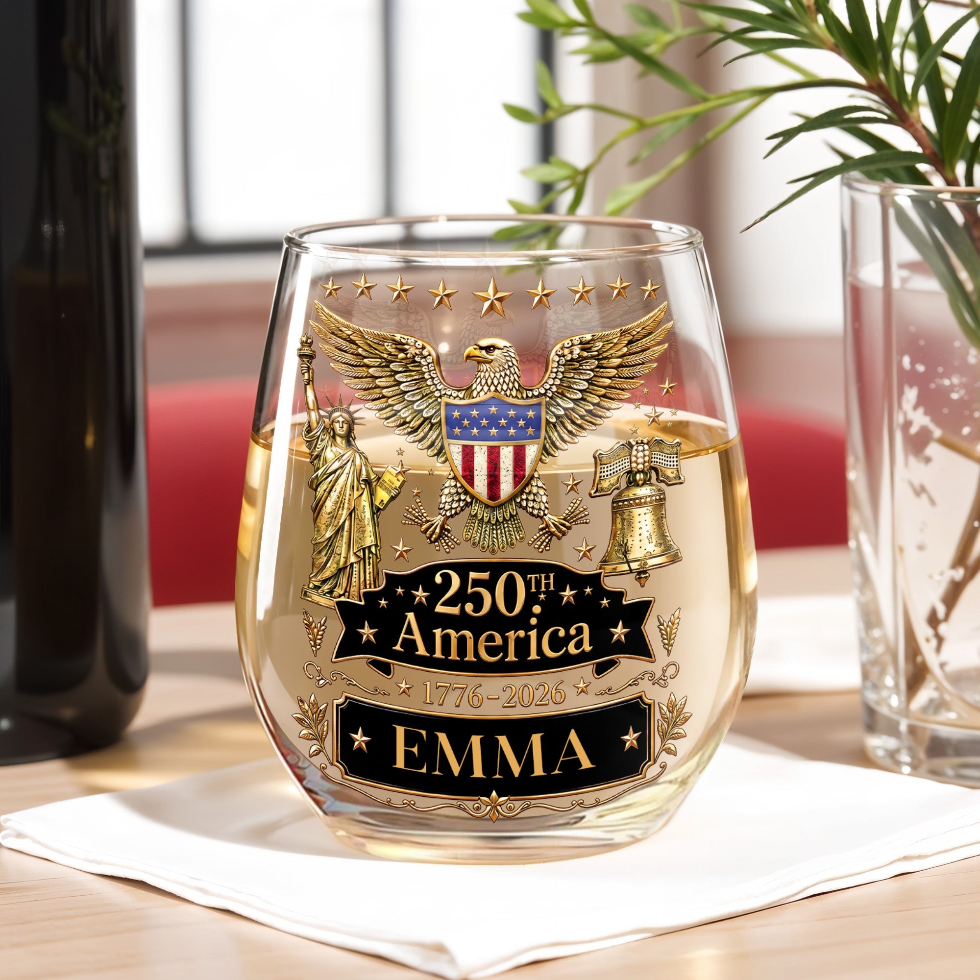 Personalized Stemless Wine Glass Custom Name Eagle Liberty Gift for 4th of July Wine Glasses GradoCreations