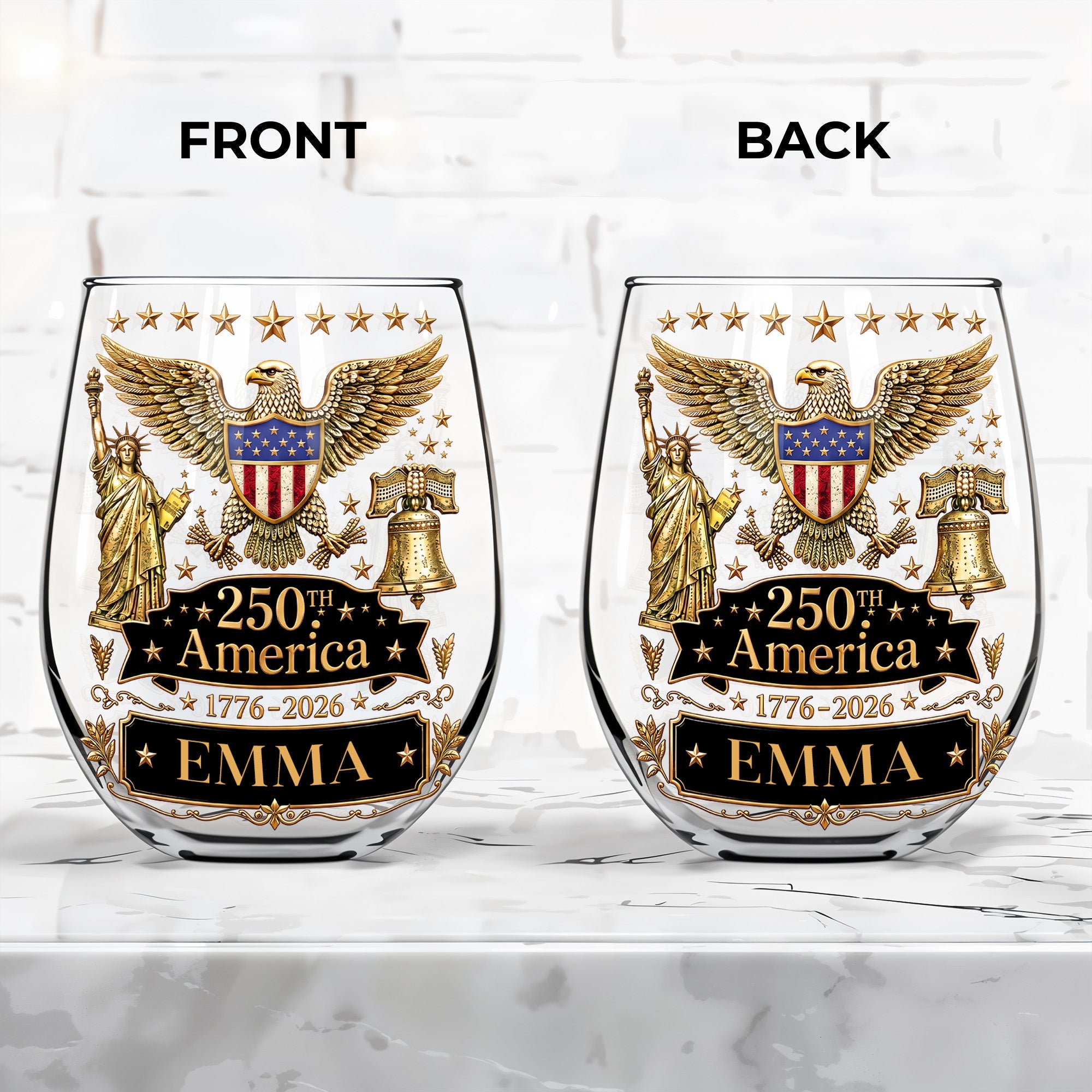 Personalized Stemless Wine Glass Custom Name Eagle Liberty Gift for 4th of July Wine Glasses GradoCreations