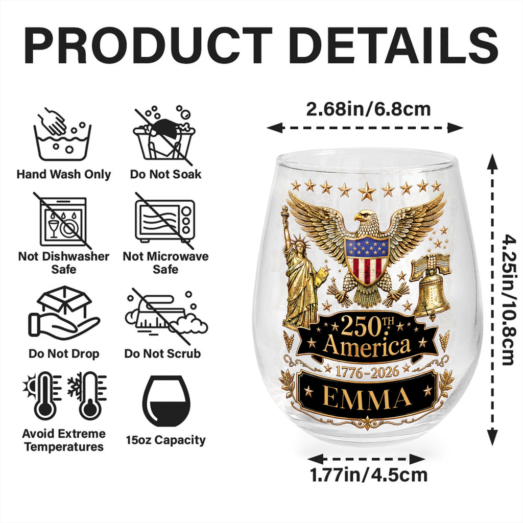Personalized Stemless Wine Glass Custom Name Eagle Liberty Gift for 4th of July Wine Glasses GradoCreations